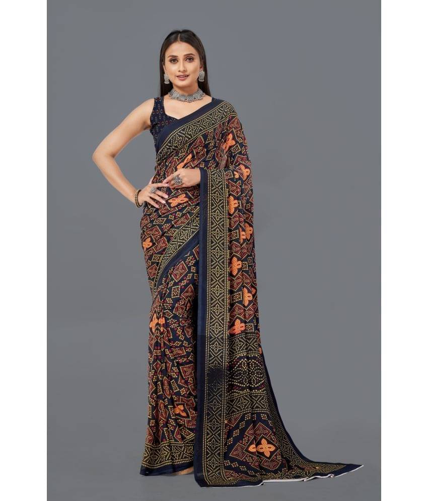     			LEELAVATI Georgette Printed Saree With Unstitched Blouse Piece ( Navy Blue )