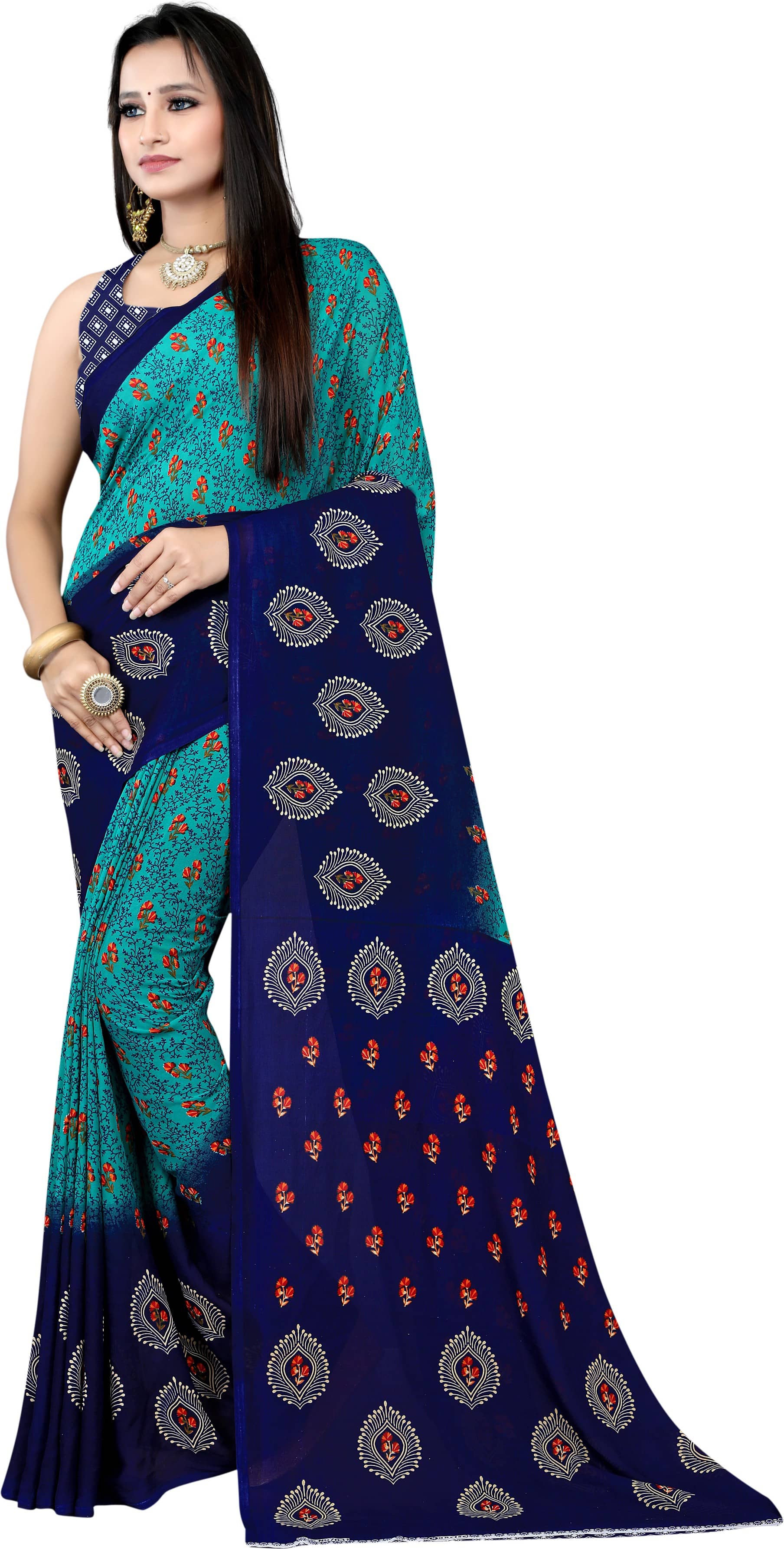 LEELAVATI Georgette Printed Saree With Unstitched Blouse Piece ( Navy Blue )