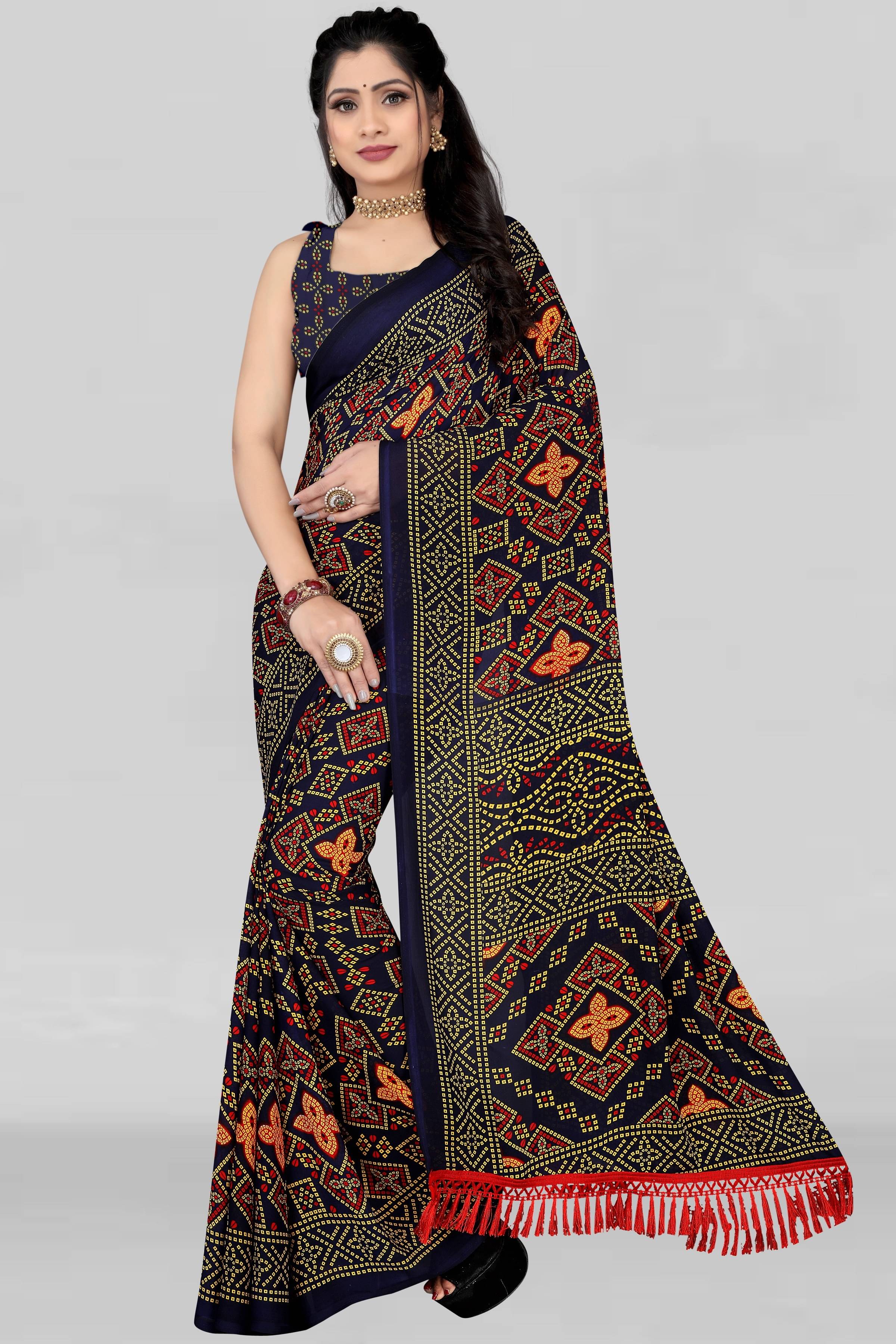     			LEELAVATI Georgette Printed Saree With Unstitched Blouse Piece ( Navy Blue )