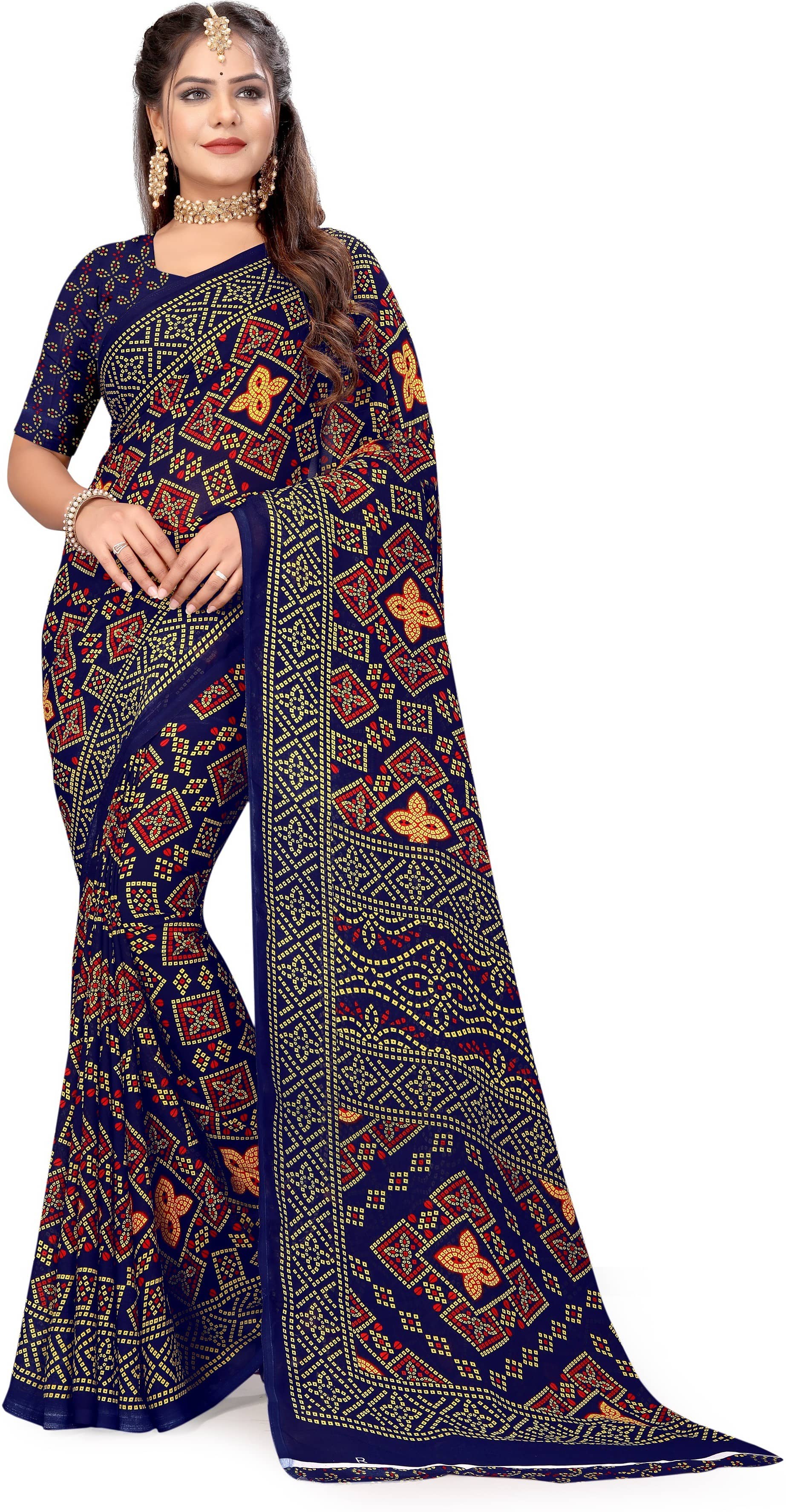 LEELAVATI Georgette Printed Saree With Unstitched Blouse Piece ( Navy Blue ) - Sarees | Buy online on ZillyBuy