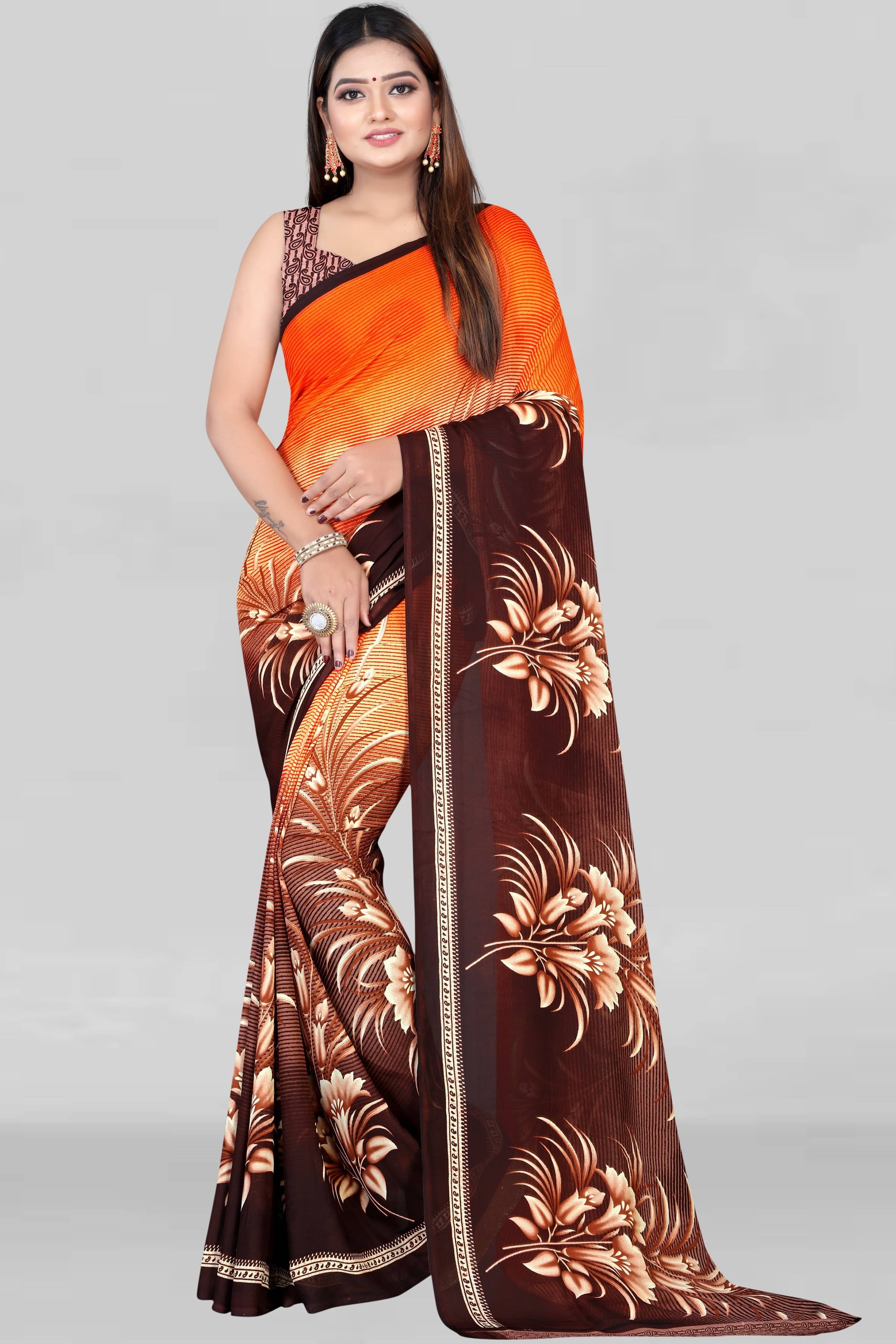 LEELAVATI Georgette Printed Saree With Unstitched Blouse Piece ( Orange ) LEELAVATI Georgette Printed Saree With Unstitched Blouse Piece ( Orange )