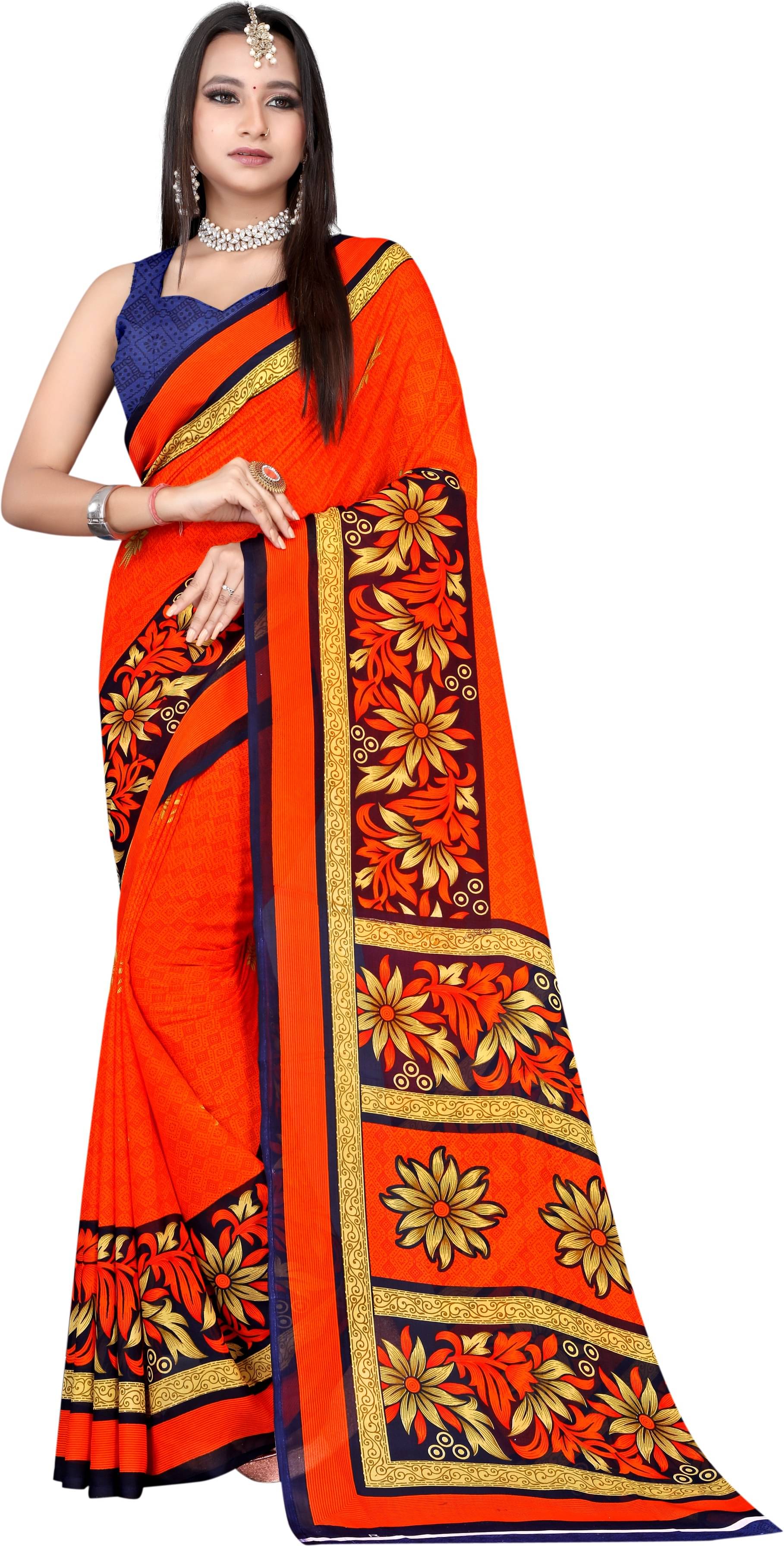 LEELAVATI Georgette Printed Saree With Unstitched Blouse Piece ( Orange ) LEELAVATI Georgette Printed Saree With Unstitched Blouse Piece ( Orange )