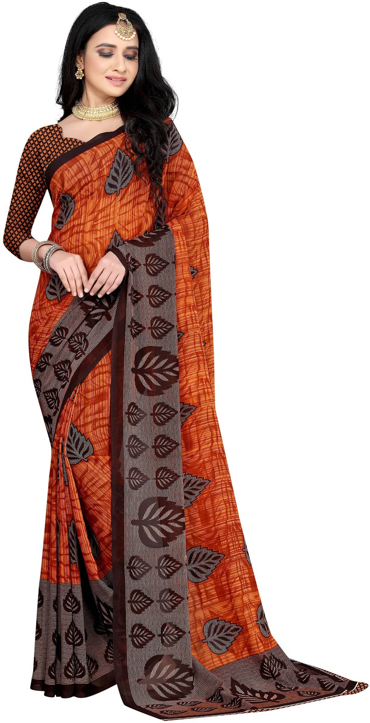 LEELAVATI Georgette Printed Saree With Unstitched Blouse Piece ( Orange ) - Sarees | Buy online on ZillyBuy