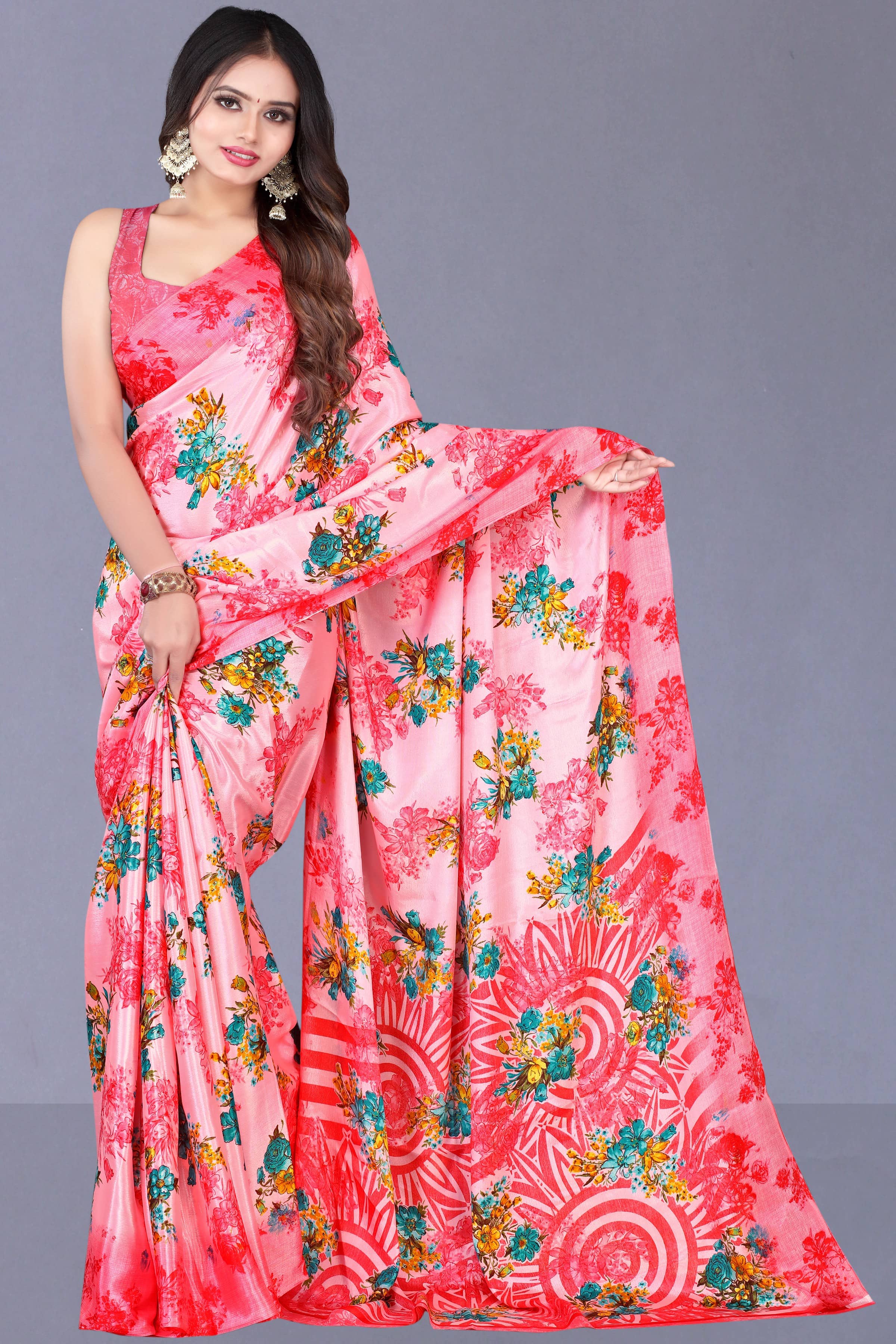 LEELAVATI Crepe Printed Saree With Unstitched Blouse Piece ( Pink ) - Sarees | Buy online on ZillyBuy