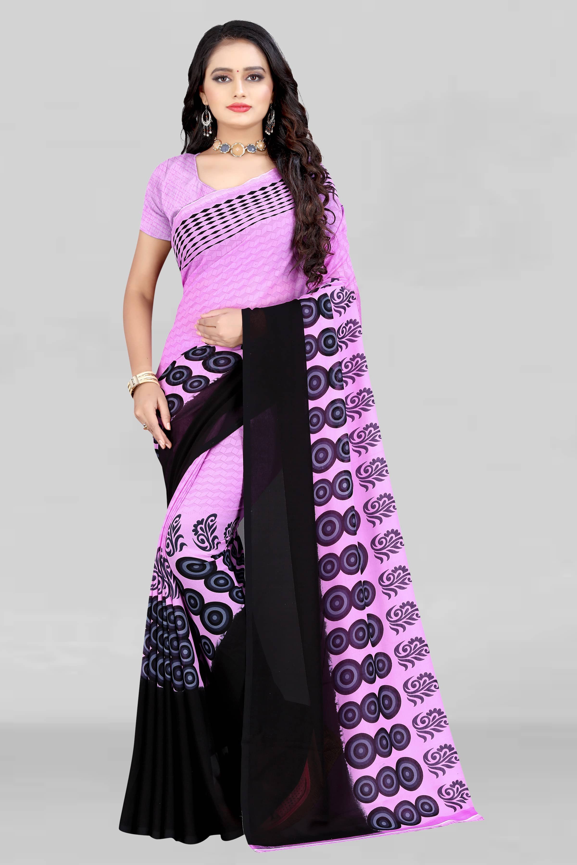 LEELAVATI Georgette Printed Saree With Unstitched Blouse Piece ( Pink ) - Sarees | Buy online on ZillyBuy