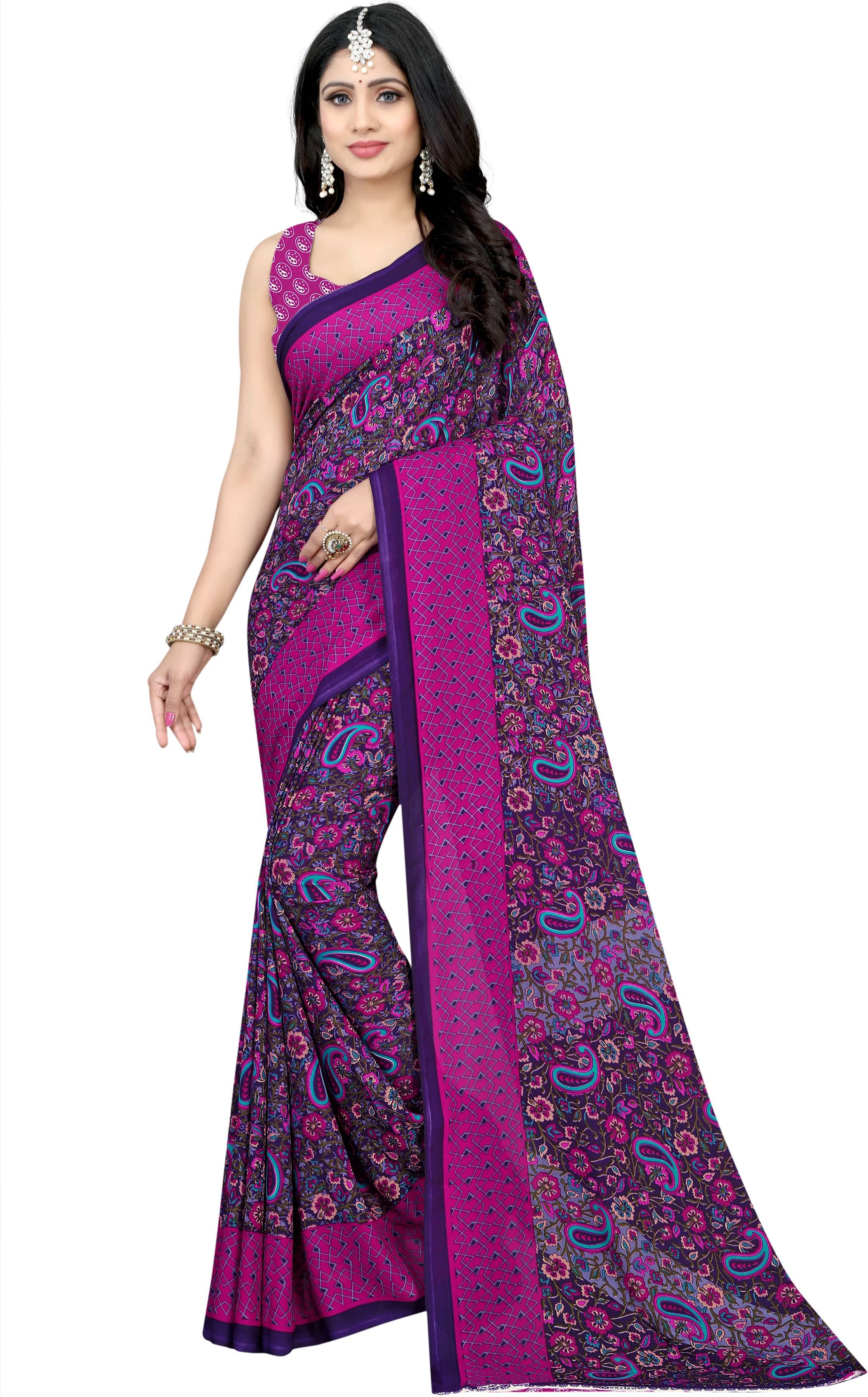     			LEELAVATI Georgette Printed Saree With Unstitched Blouse Piece ( Purple )