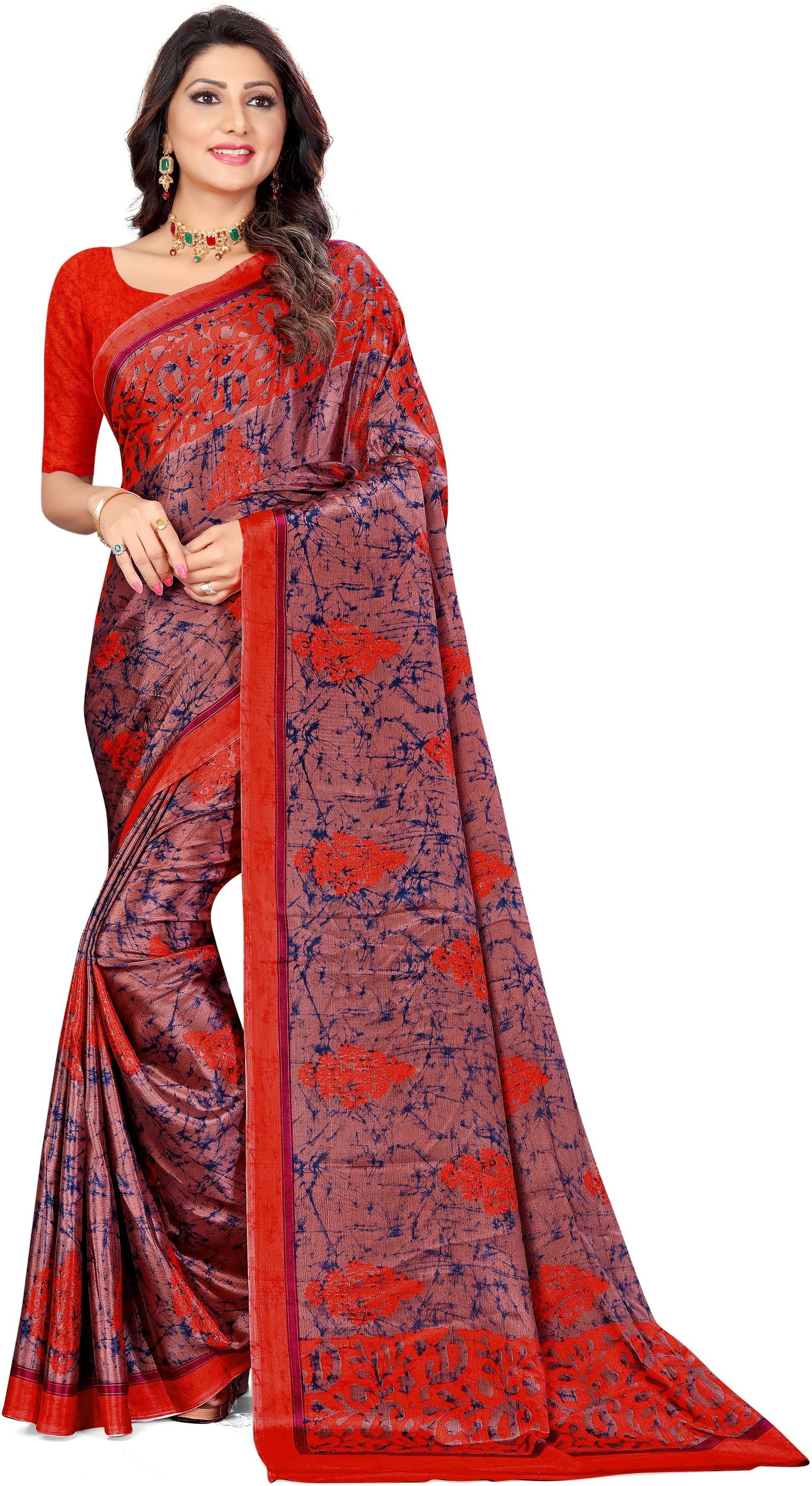 LEELAVATI Crepe Printed Saree With Unstitched Blouse Piece ( Red ) LEELAVATI Crepe Printed Saree With Unstitched Blouse Piece ( Red )