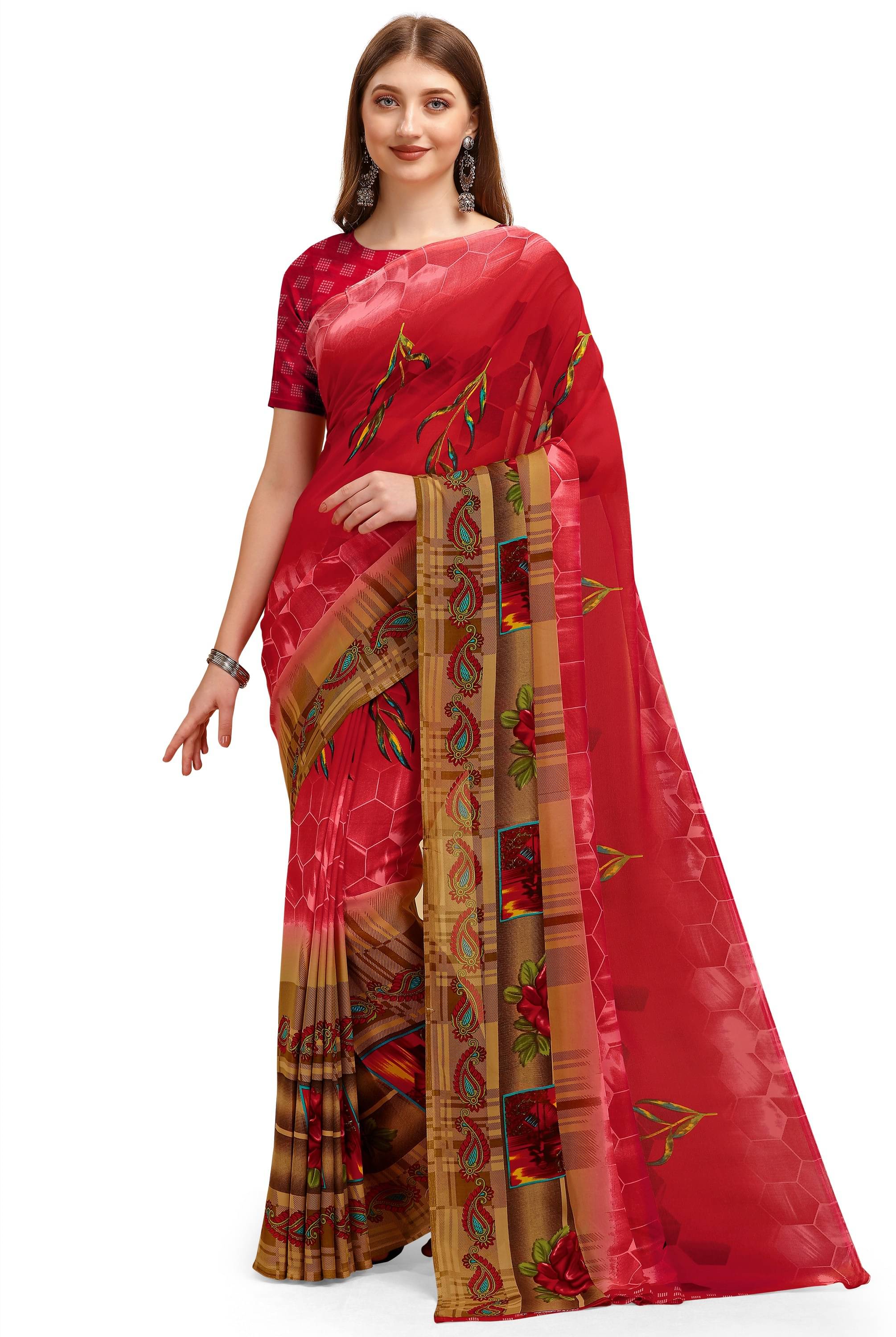 LEELAVATI Georgette Printed Saree With Unstitched Blouse Piece ( Red ) LEELAVATI Georgette Printed Saree With Unstitched Blouse Piece ( Red )