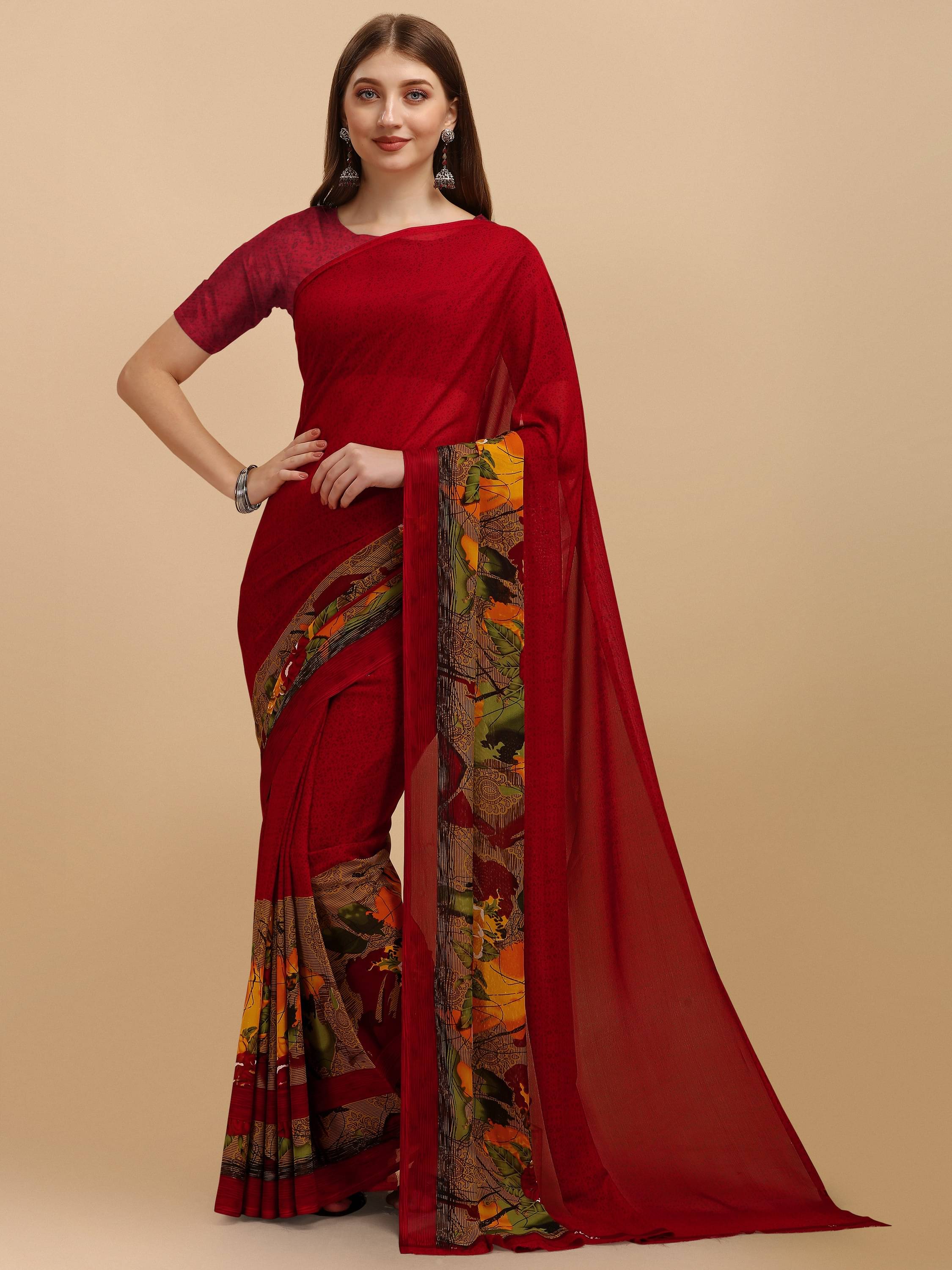 LEELAVATI Georgette Printed Saree With Unstitched Blouse Piece ( Red ) LEELAVATI Georgette Printed Saree With Unstitched Blouse Piece ( Red )
