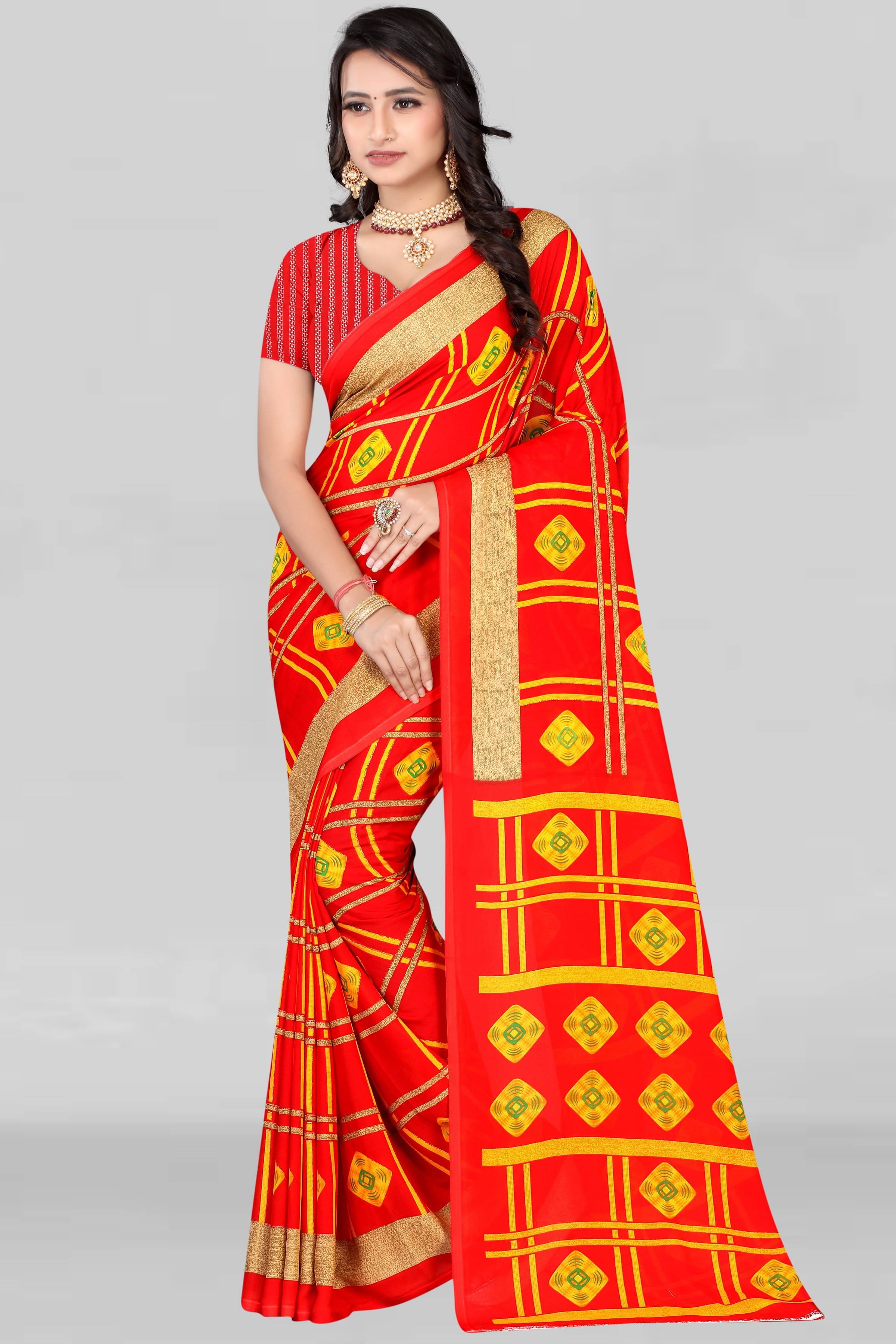     			LEELAVATI Georgette Printed Saree With Unstitched Blouse Piece ( Red )
