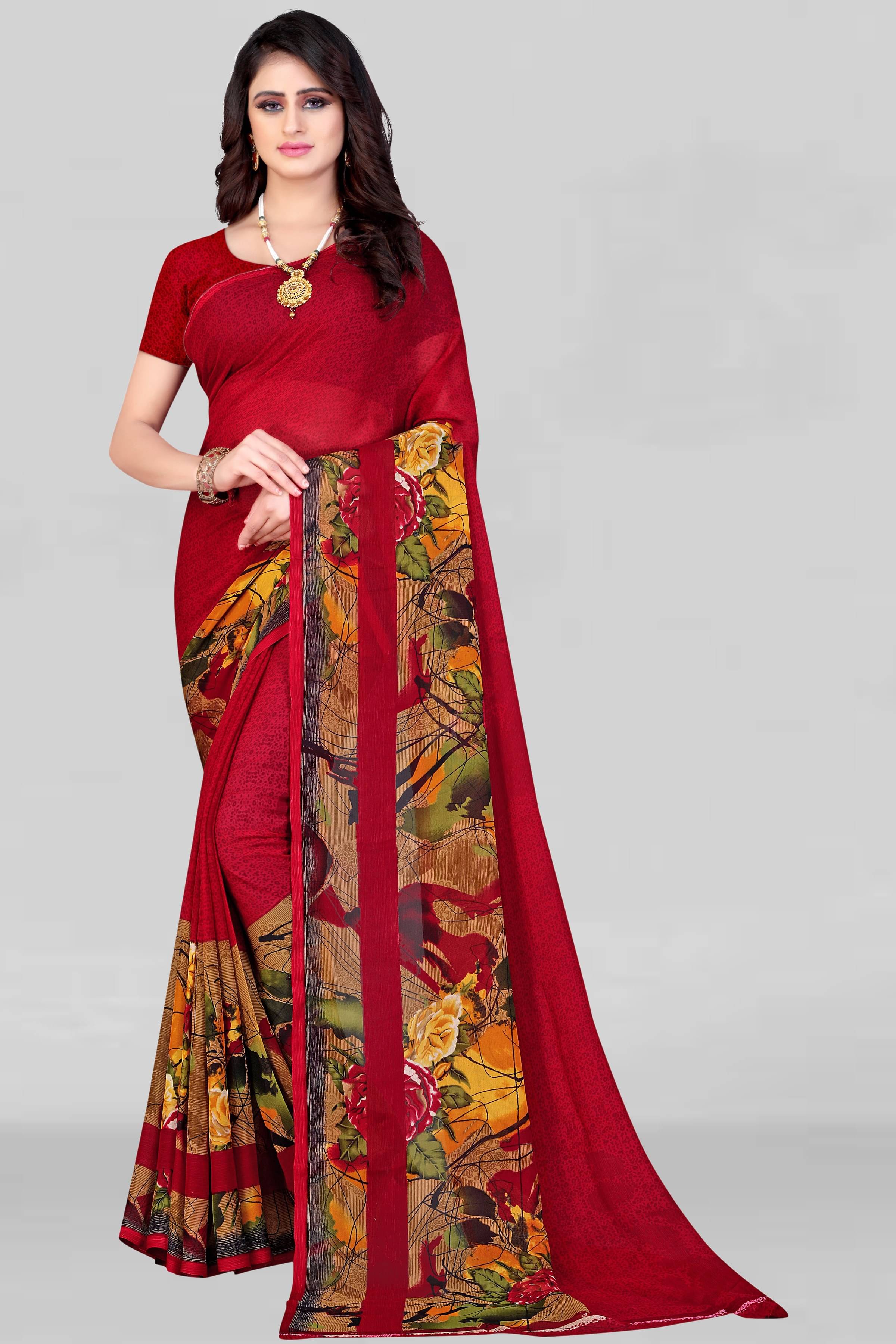 LEELAVATI Georgette Printed Saree With Unstitched Blouse Piece ( Red ) LEELAVATI Georgette Printed Saree With Unstitched Blouse Piece ( Red )