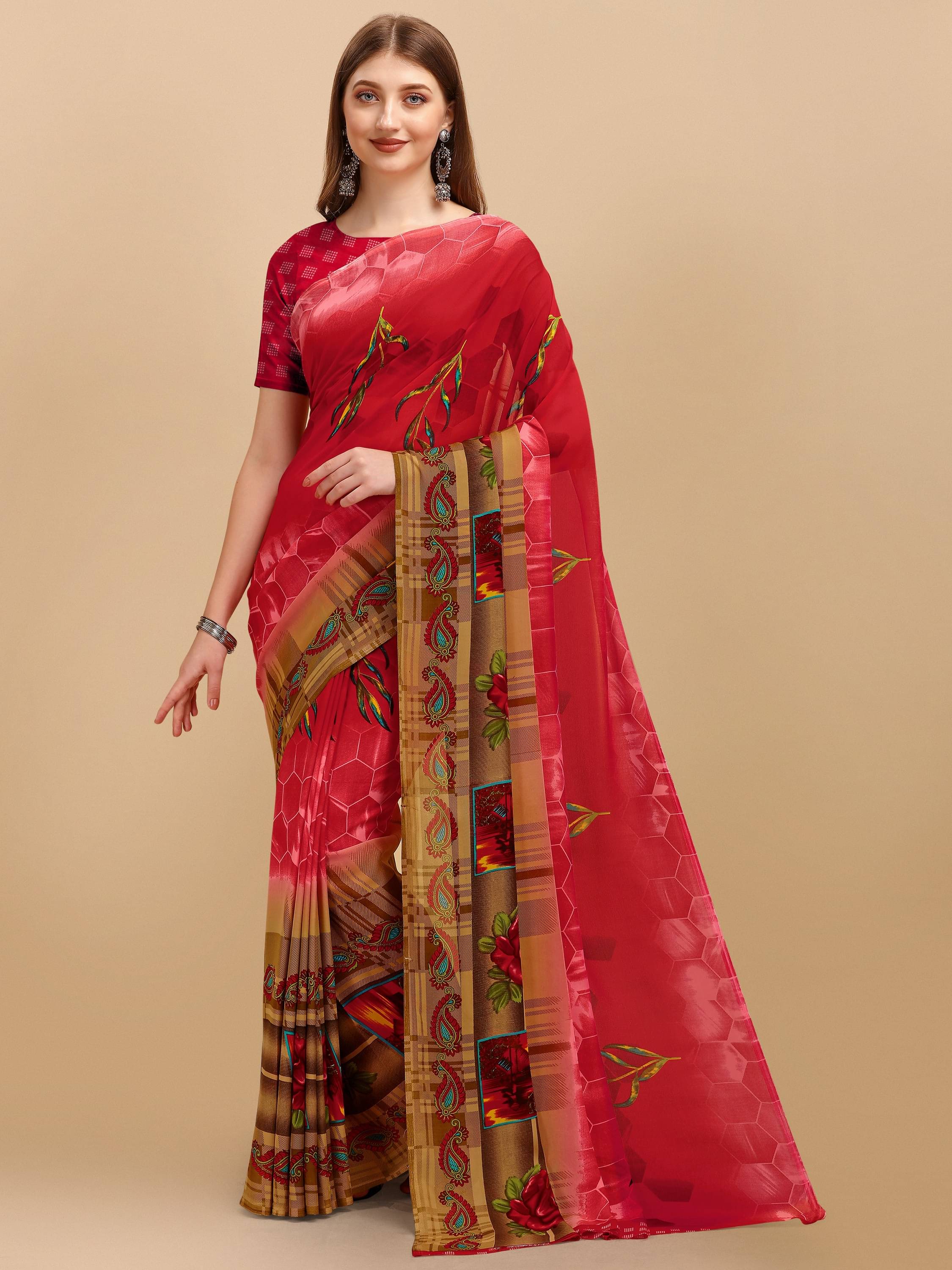     			LEELAVATI Georgette Printed Saree With Unstitched Blouse Piece ( Red )