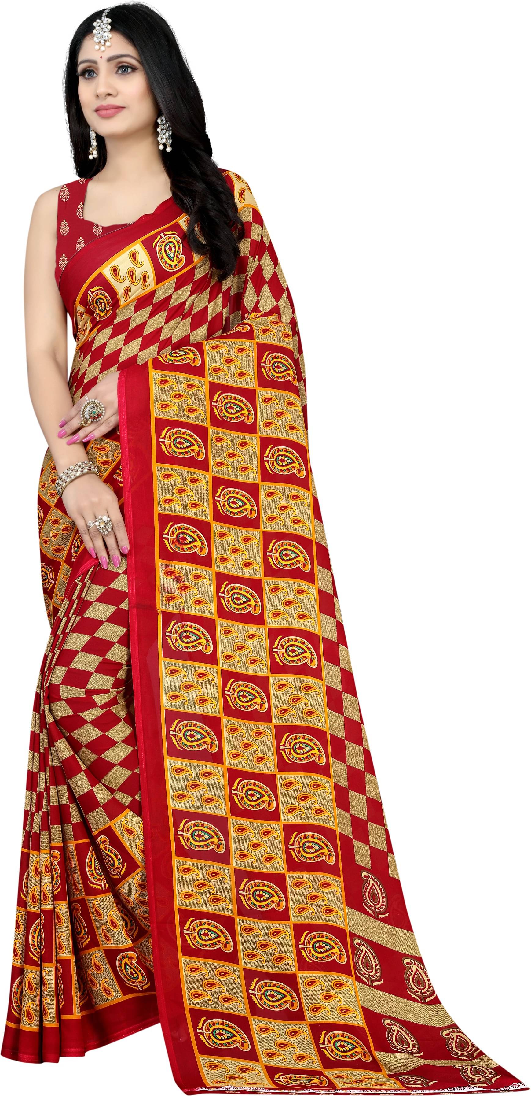 LEELAVATI Georgette Printed Saree With Unstitched Blouse Piece ( Red ) LEELAVATI Georgette Printed Saree With Unstitched Blouse Piece ( Red )
