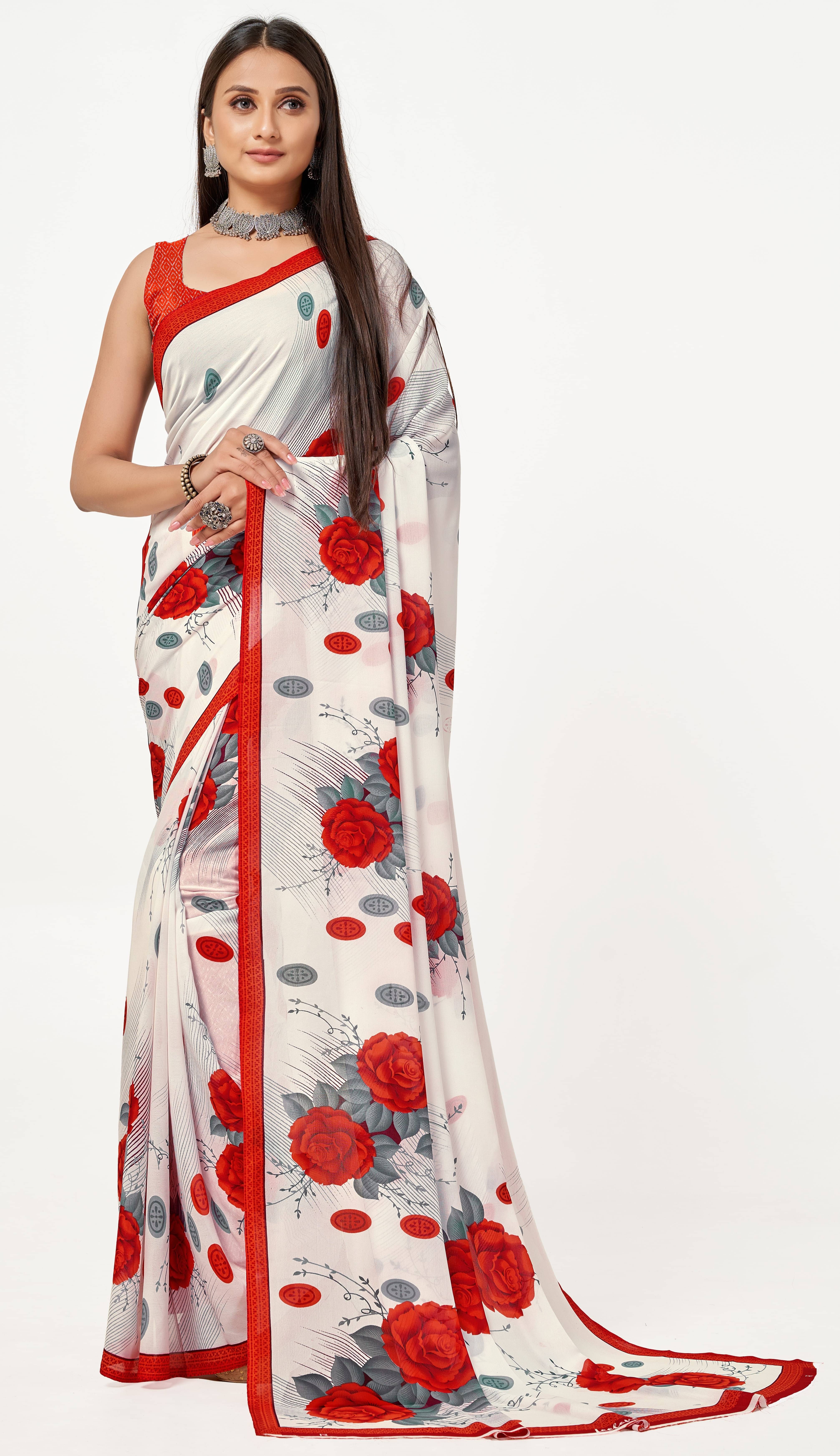     			LEELAVATI Georgette Printed Saree With Unstitched Blouse Piece ( White )