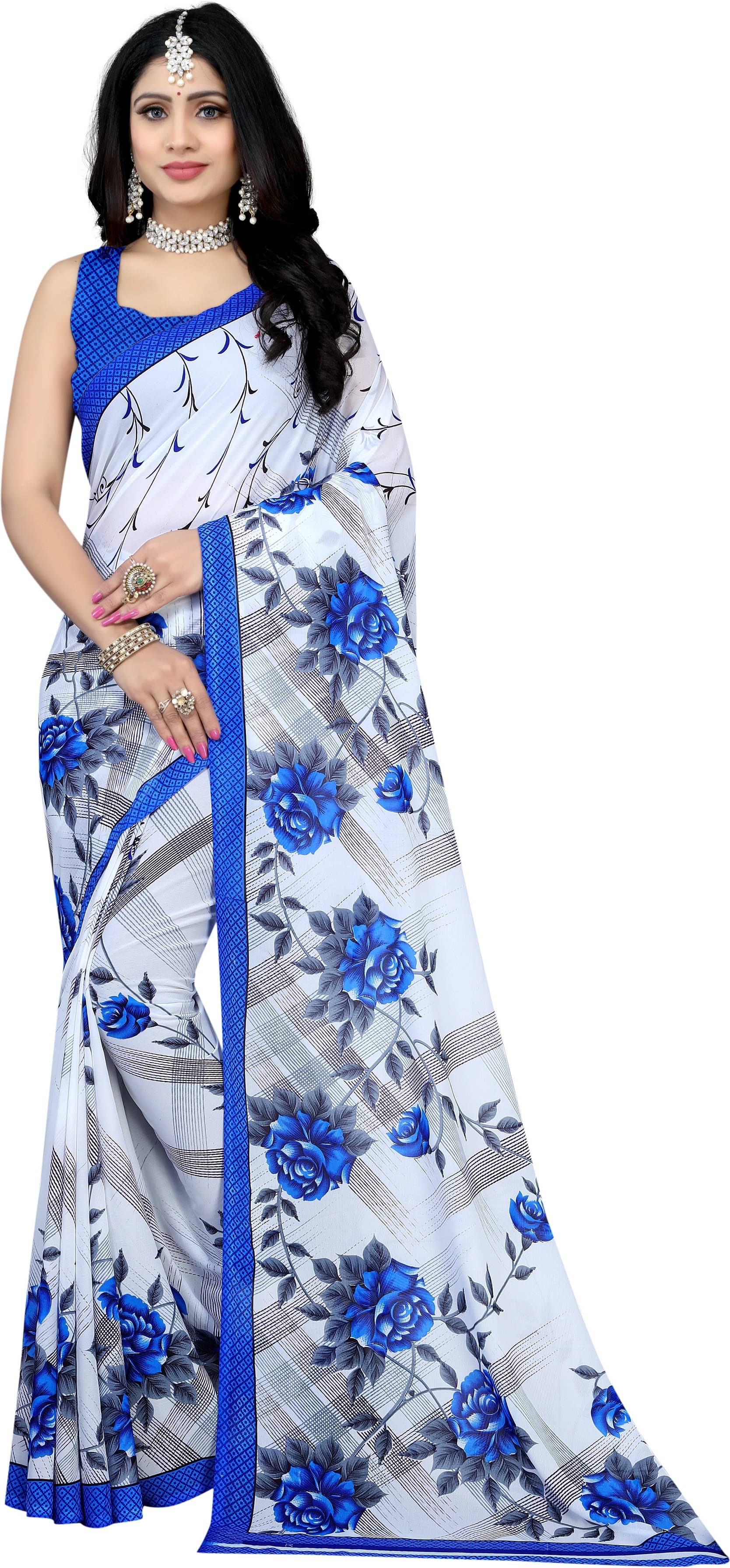     			LEELAVATI Georgette Printed Saree With Unstitched Blouse Piece ( White )