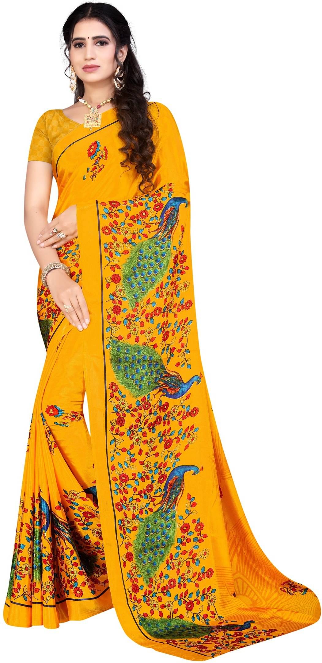     			LEELAVATI Crepe Printed Saree With Unstitched Blouse Piece ( Yellow )