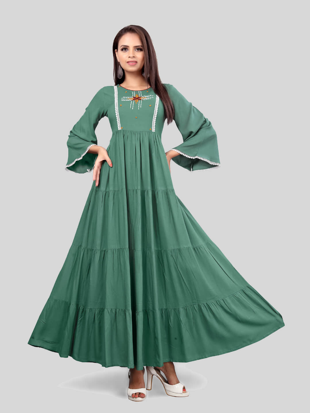 Madhuram Textiles - Green Rayon Women's Anarkali Kurti ( Pack of 1 )