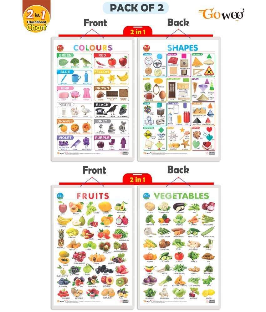 Set of 2 | 2 IN 1 COLOURS AND SHAPES and 2 IN 1 FRUITS AND VEGETABLES Early Learning Educational Charts for Kids | 20"X30" inch |Non-Tearable and Waterproof | Double Sided Laminated | Perfect for Homeschooling, Kindergarten and Nursery Students Set of 2 | 2 IN 1 COLOURS AND SHAPES and 2 IN 1 FRUITS AND VEGETABLES Early Learning Educational Charts for Kids | 20"X30" inch |Non-Tearable and Waterproof | Double Sided Laminated | Perfect for Homeschooling, Kindergarten and Nursery Students