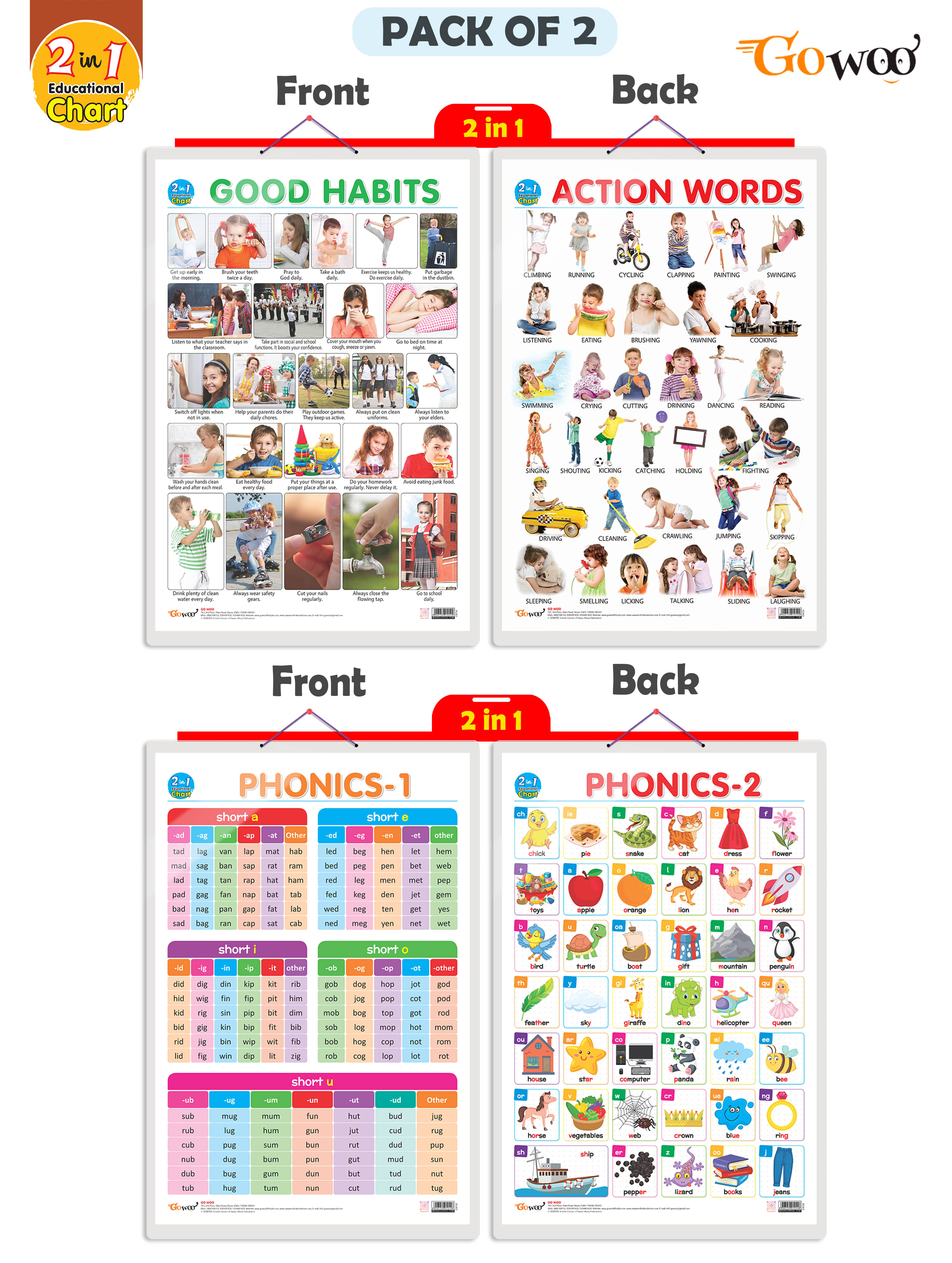     			Set of 2 |2 IN 1 GOOD HABITS AND ACTION WORDS AND 2 IN 1 PHONICS 1 AND PHONICS 2 Early Learning Educational Charts for Kids|  20"X30" inch |Non-Tearable and Waterproof| Double Sided Laminated | Perfect for Homeschooling, Kindergarten and Nursery Students