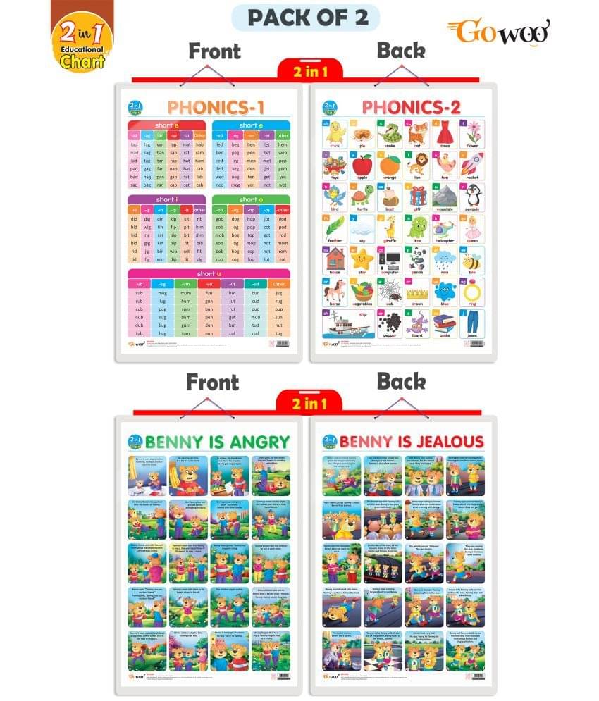 Set of 2 |2 IN 1 PHONICS 1 AND PHONICS 2 and 2 IN 1 BENNY IS ANGRY AND BENNY IS JEALOUS Early Learning Educational Charts for Kids | Set of 2 |2 IN 1 PHONICS 1 AND PHONICS 2 and 2 IN 1 BENNY IS ANGRY AND BENNY IS JEALOUS Early Learning Educational Charts for Kids |