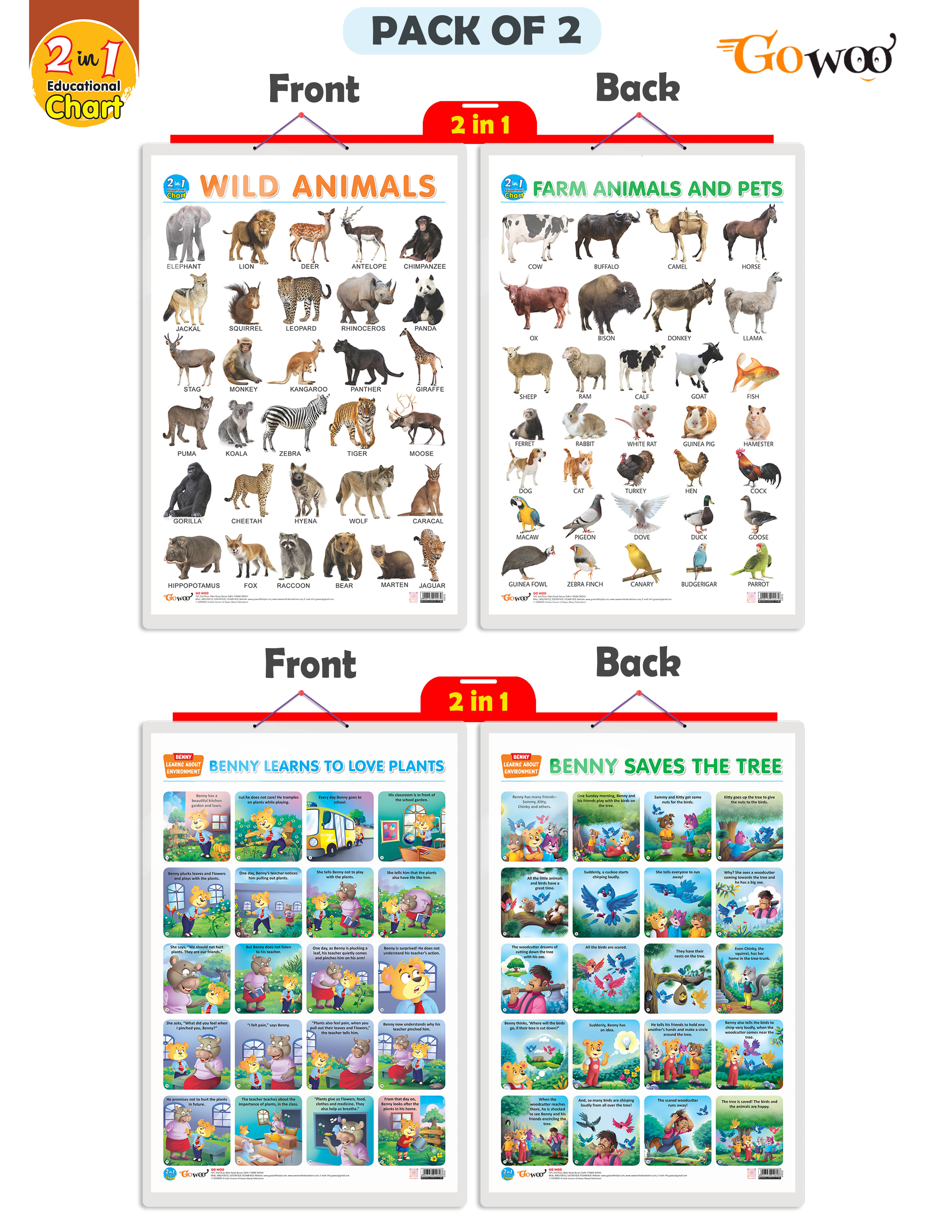 Set of 2 |2 IN 1 WILD AND FARM ANIMALS & PETS and 2 IN 1 BENNY LEARNS TO LOVE PLANTS AND BENNY SAVES THE TREE Early Learning Educational Charts for Kids| Set of 2 |2 IN 1 WILD AND FARM ANIMALS & PETS and 2 IN 1 BENNY LEARNS TO LOVE PLANTS AND BENNY SAVES THE TREE Early Learning Educational Charts for Kids|