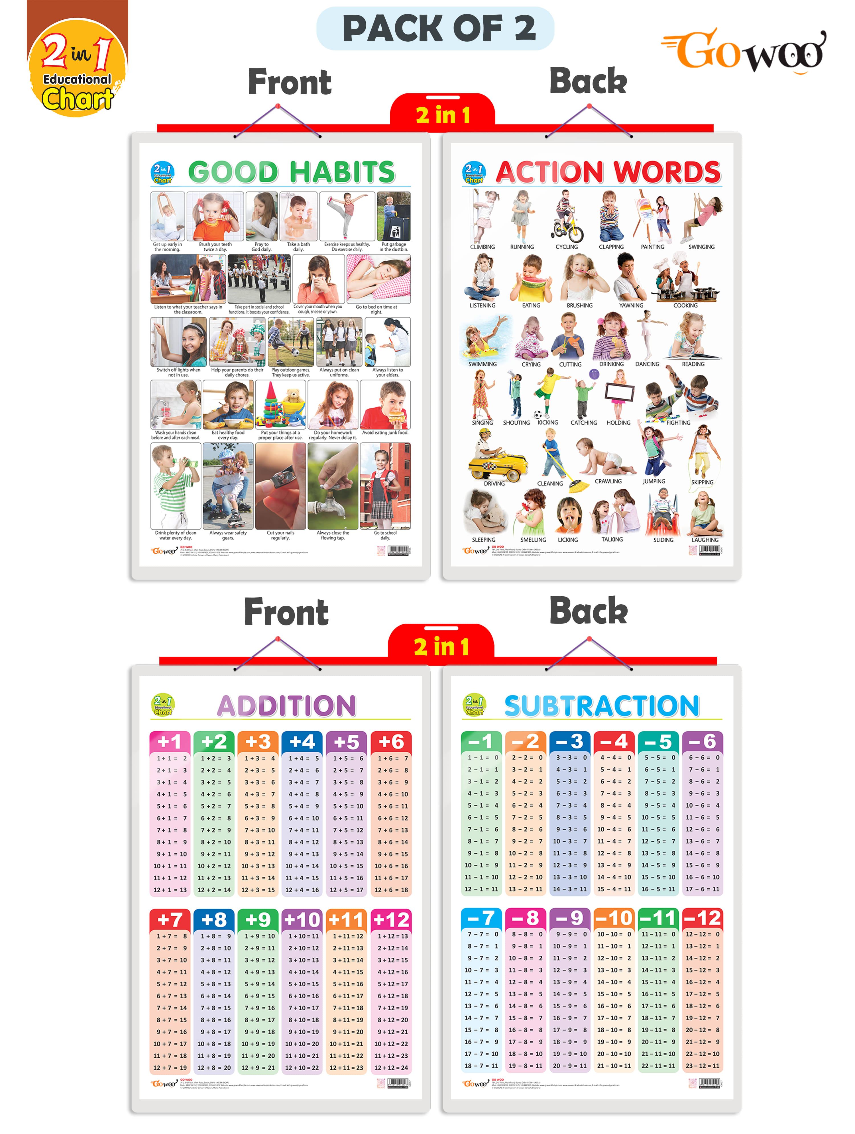Set of 2 |2 IN 1 GOOD HABITS AND ACTION WORDS AND 2 IN 1 ADDITION AND SUBTRACTION Early Learning Educational Charts for Kids| 20"X30" inch |Non-Tearable and Waterproof| Double Sided Laminated | Perfect for Homeschooling, Kindergarten and Nursery Students Set of 2 |2 IN 1 GOOD HABITS AND ACTION WORDS AND 2 IN 1 ADDITION AND SUBTRACTION Early Learning Educational Charts for Kids| 20"X30" inch |Non-Tearable and Waterproof| Double Sided Laminated | Perfect for Homeschooling, Kindergarten and Nursery Students