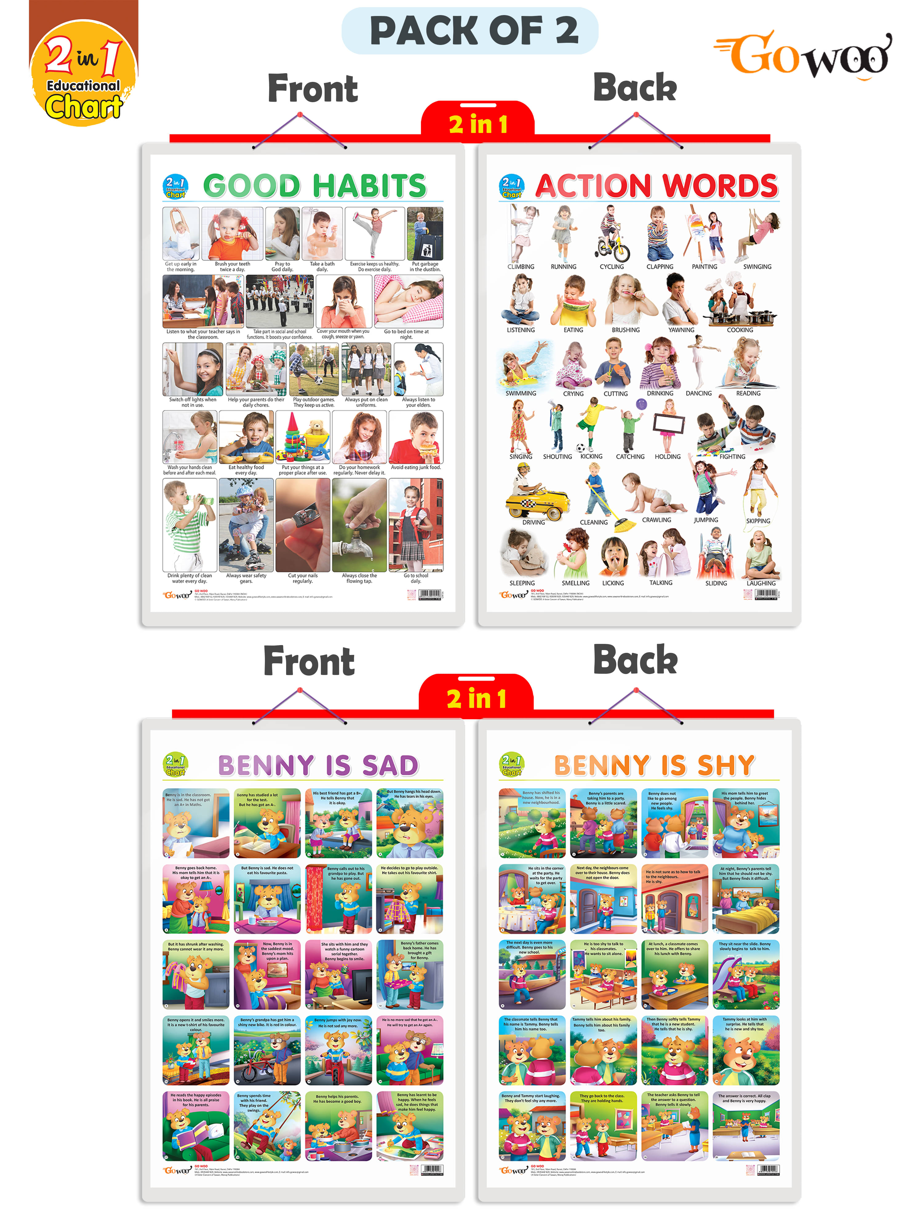 Set of 2 |2 IN 1 GOOD HABITS AND ACTION WORDS and 2 IN 1 BENNY IS SAD AND BENNY IS SHY Early Learning Educational Charts for Kids| Set of 2 |2 IN 1 GOOD HABITS AND ACTION WORDS and 2 IN 1 BENNY IS SAD AND BENNY IS SHY Early Learning Educational Charts for Kids|