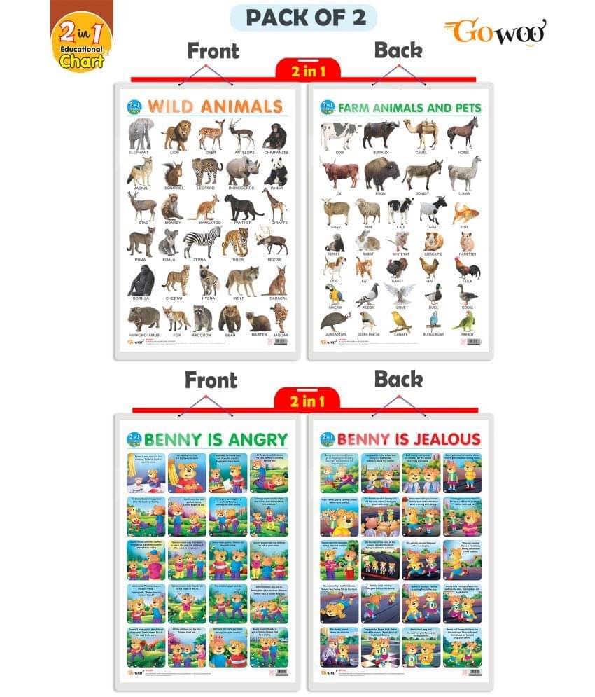 Set of 2 |2 IN 1 WILD AND FARM ANIMALS & PETS and 2 IN 1 BENNY IS ANGRY AND BENNY IS JEALOUS Early Learning Educational Charts for Kids| Set of 2 |2 IN 1 WILD AND FARM ANIMALS & PETS and 2 IN 1 BENNY IS ANGRY AND BENNY IS JEALOUS Early Learning Educational Charts for Kids|