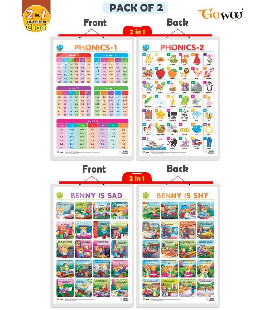 Set of 2 |2 IN 1 PHONICS 1 AND PHONICS 2 and 2 IN 1 BENNY IS SAD AND BENNY IS SHY Early Learning Educational Charts for Kids | Set of 2 |2 IN 1 PHONICS 1 AND PHONICS 2 and 2 IN 1 BENNY IS SAD AND BENNY IS SHY Early Learning Educational Charts for Kids |