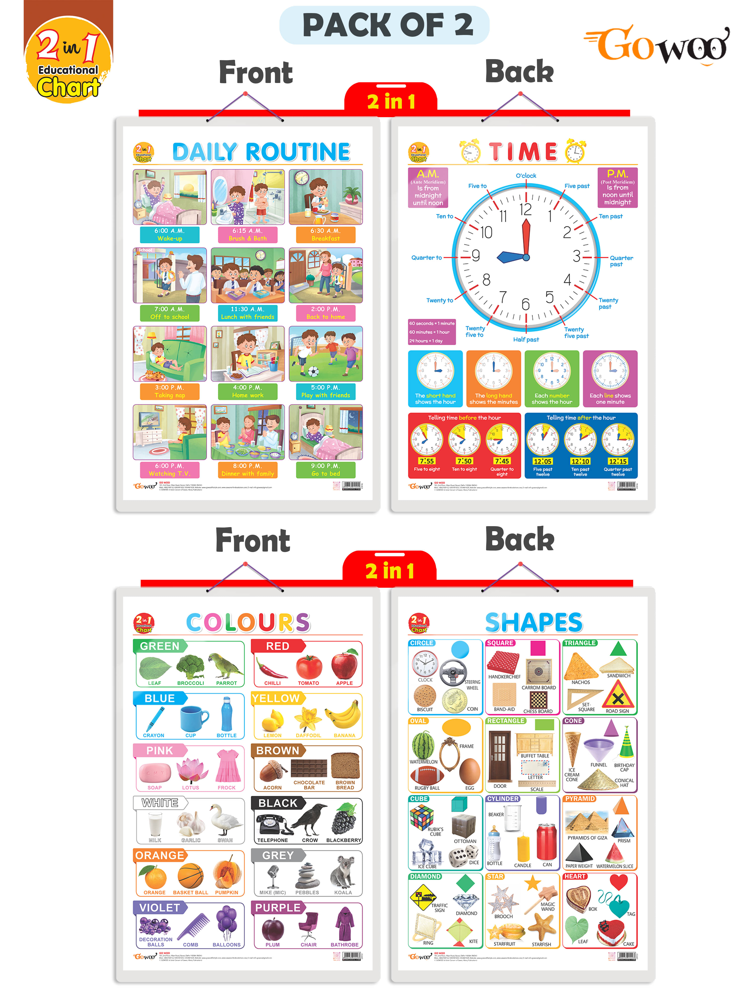     			Set of 2 | 2 IN 1 DAILY ROUTINE AND TIME & 2 IN 1 COLOURS AND SHAPES Early Learning Educational Charts for Kids | 20"X30" inch |Non-Tearable and Waterproof | Double Sided Laminated | Perfect for Homeschooling, Kindergarten and Nursery Students