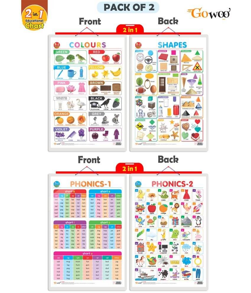 Set of 2 | 2 IN 1 COLOURS AND SHAPES and 2 IN 1 PHONICS 1 AND PHONICS 2 Early Learning Educational Charts for Kids | 20"X30" inch |Non-Tearable and Waterproof | Double Sided Laminated | Perfect for Homeschooling, Kindergarten and Nursery Students Set of 2 | 2 IN 1 COLOURS AND SHAPES and 2 IN 1 PHONICS 1 AND PHONICS 2 Early Learning Educational Charts for Kids | 20"X30" inch |Non-Tearable and Waterproof | Double Sided Laminated | Perfect for Homeschooling, Kindergarten and Nursery Students