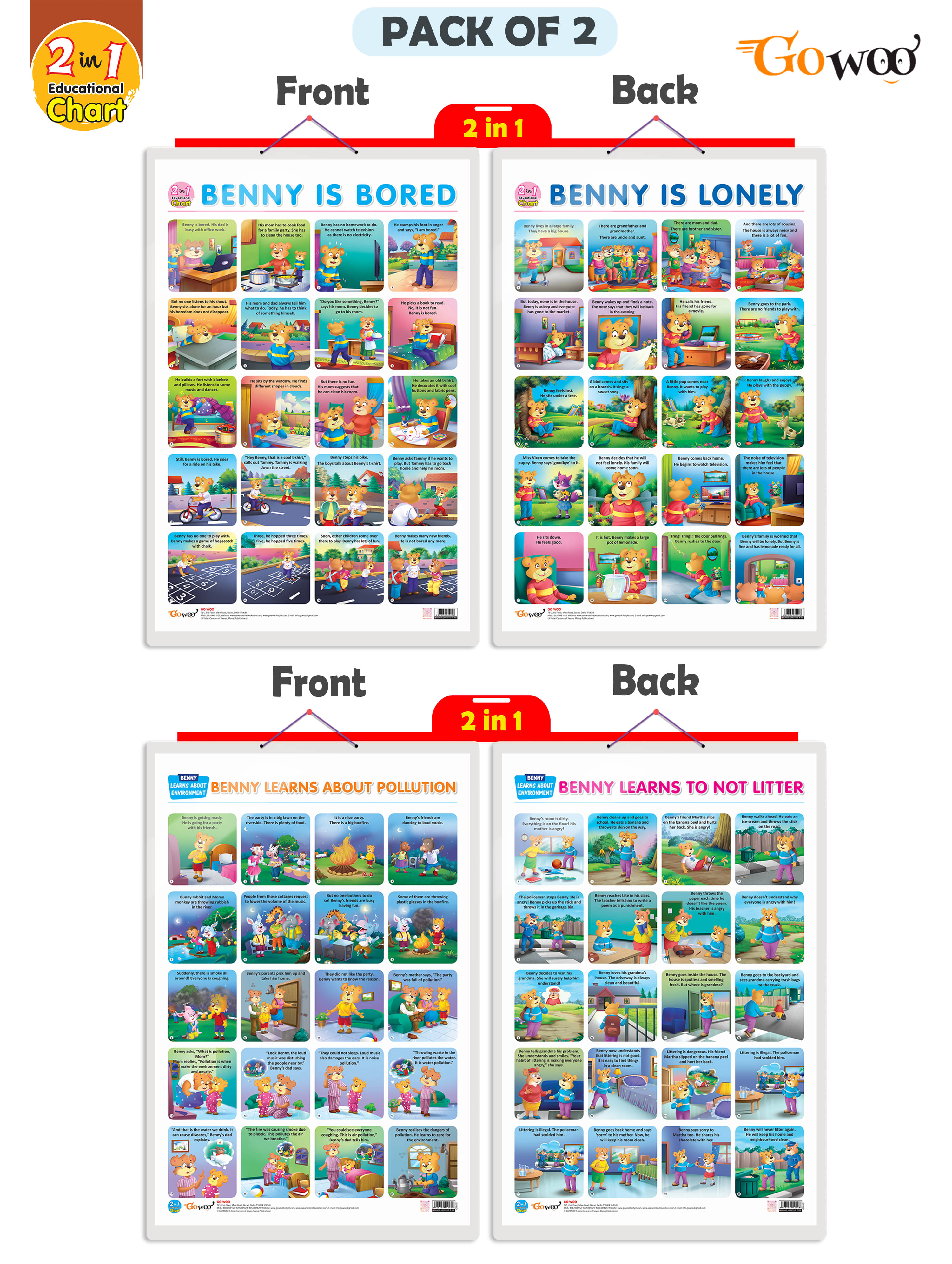     			Set of 2 | 2 IN 1 BENNY IS BORED AND BENNY IS LONELY and 2 IN 1 BENNY LEARNS ABOUT POLLUTION AND BENNY LEARNS NOT TO LITTER Early Learning Educational Charts for Kids