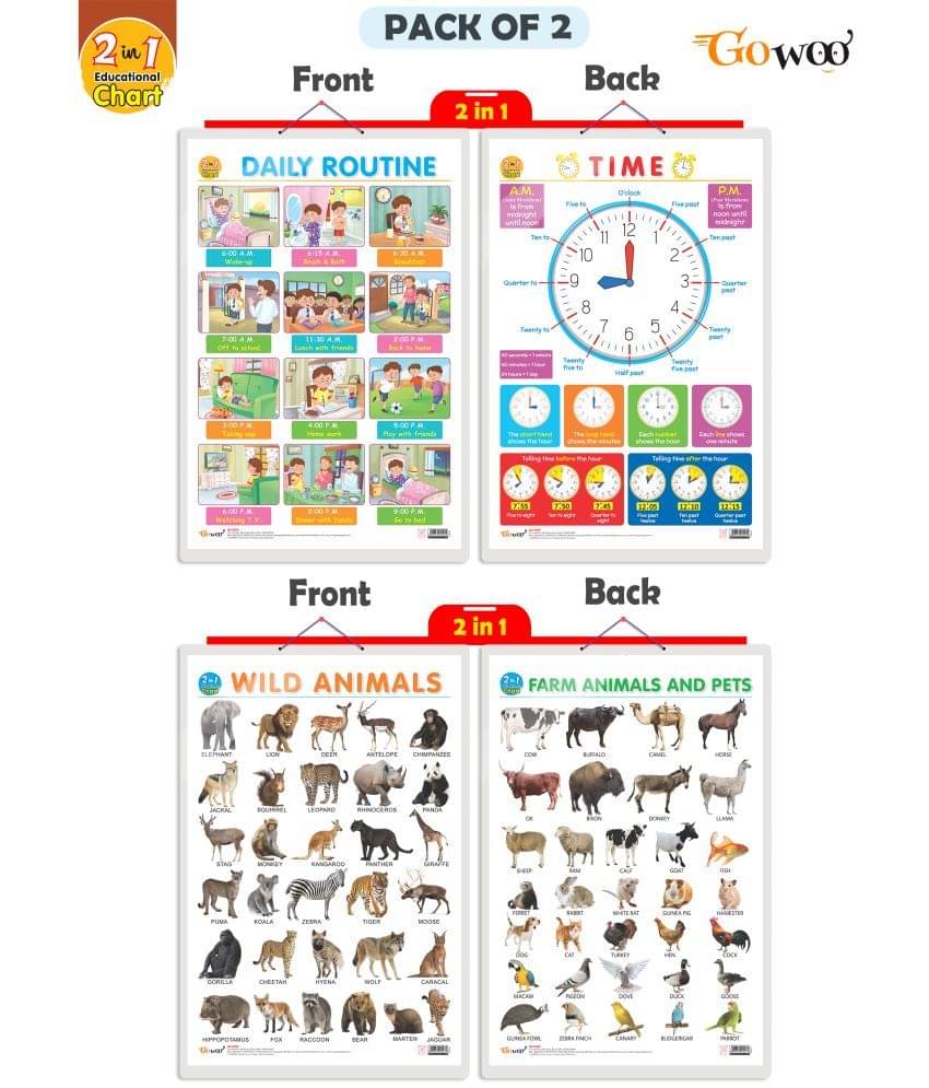 Set of 2 |2 IN 1 DAILY ROUTINE AND TIME and 2 IN 1 WILD AND FARM ANIMALS & PETS Early Learning Educational Charts for Kids | 20"X30" inch |Non-Tearable and Waterproof | Double Sided Laminated | Perfect for Homeschooling, Kindergarten and Nursery Students Set of 2 |2 IN 1 DAILY ROUTINE AND TIME and 2 IN 1 WILD AND FARM ANIMALS & PETS Early Learning Educational Charts for Kids | 20"X30" inch |Non-Tearable and Waterproof | Double Sided Laminated | Perfect for Homeschooling, Kindergarten and Nursery Students
