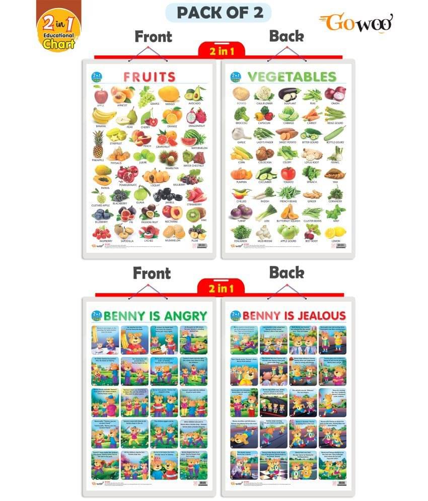 Set of 2 | 2 IN 1 FRUITS AND VEGETABLES and 2 IN 1 BENNY IS ANGRY AND BENNY IS JEALOUS Early Learning Educational Charts for Kids Set of 2 | 2 IN 1 FRUITS AND VEGETABLES and 2 IN 1 BENNY IS ANGRY AND BENNY IS JEALOUS Early Learning Educational Charts for Kids