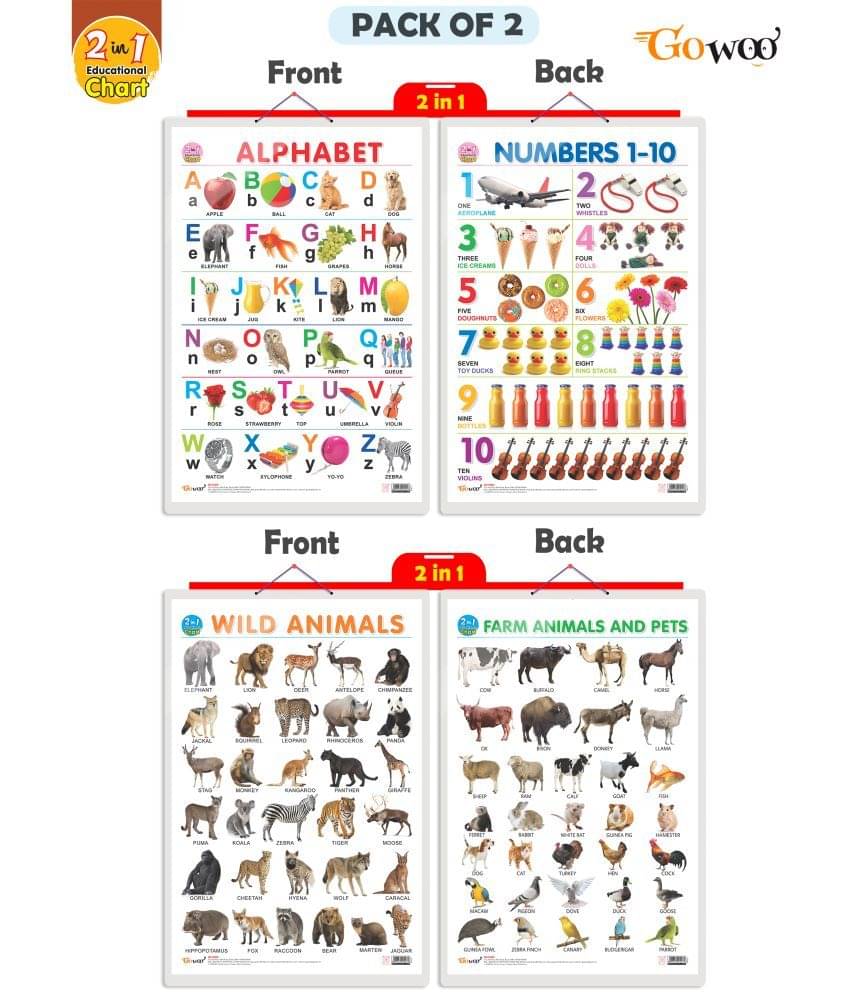 Set of 2 | 2 IN 1 ALPHABET AND NUMBER 1-10 and 2 IN 1 WILD AND FARM ANIMALS & PETS Early Learning Educational Charts for Kids Set of 2 | 2 IN 1 ALPHABET AND NUMBER 1-10 and 2 IN 1 WILD AND FARM ANIMALS & PETS Early Learning Educational Charts for Kids