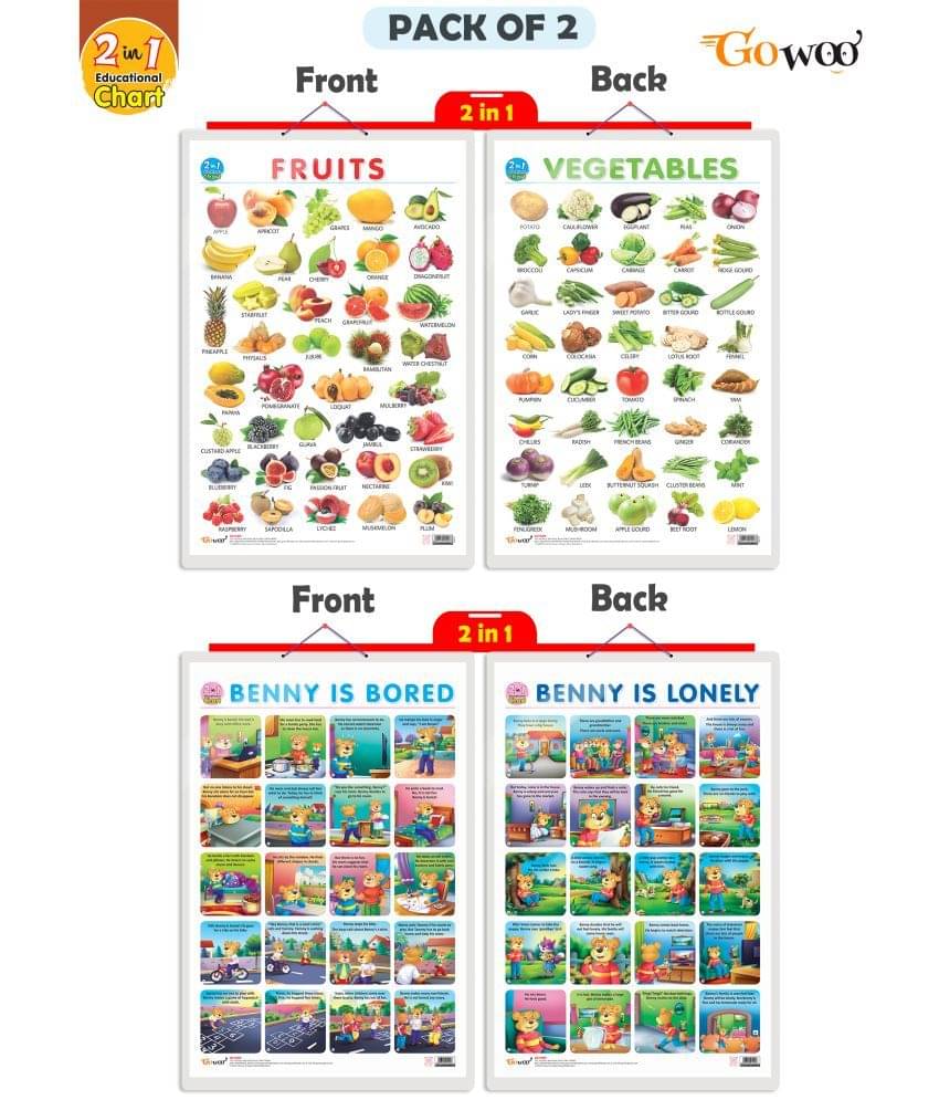 Set of 2 | 2 IN 1 FRUITS AND VEGETABLES and 2 IN 1 BENNY IS BORED AND BENNY IS LONELY Early Learning Educational Charts for Kids Set of 2 | 2 IN 1 FRUITS AND VEGETABLES and 2 IN 1 BENNY IS BORED AND BENNY IS LONELY Early Learning Educational Charts for Kids