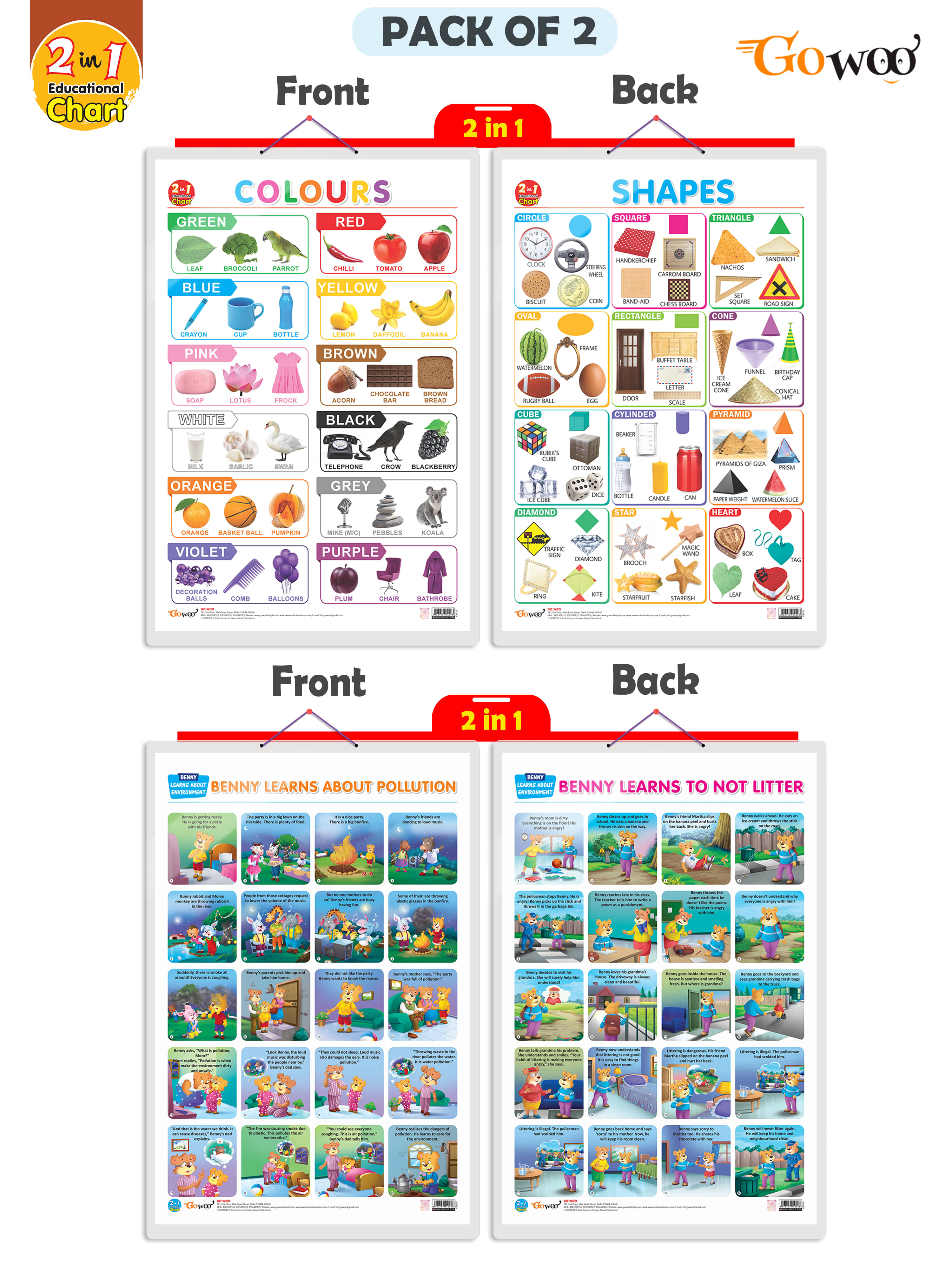 Set of 2 | 2 IN 1 COLOURS AND SHAPES and 2 IN 1 BENNY LEARNS ABOUT POLLUTION AND BENNY LEARNS NOT TO LITTER Early Learning Educational Charts for Kids Set of 2 | 2 IN 1 COLOURS AND SHAPES and 2 IN 1 BENNY LEARNS ABOUT POLLUTION AND BENNY LEARNS NOT TO LITTER Early Learning Educational Charts for Kids
