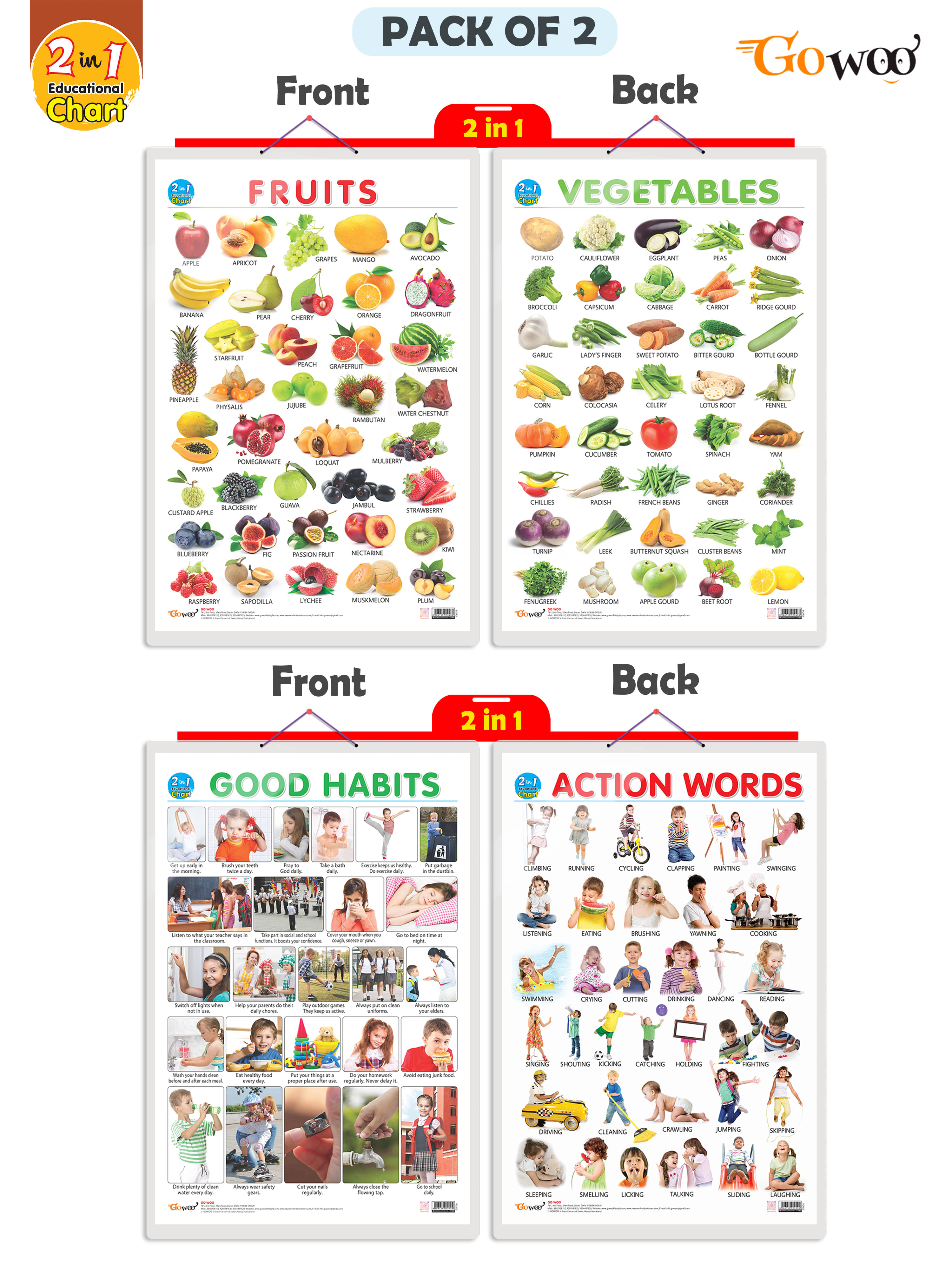     			Set of 2 | 2 IN 1 FRUITS AND VEGETABLES and 2 IN 1 GOOD HABITS AND ACTION WORDS Early Learning Educational Charts for Kids | 20"X30" inch |Non-Tearable and Waterproof | Double Sided Laminated | Perfect for Homeschooling, Kindergarten and Nursery Students