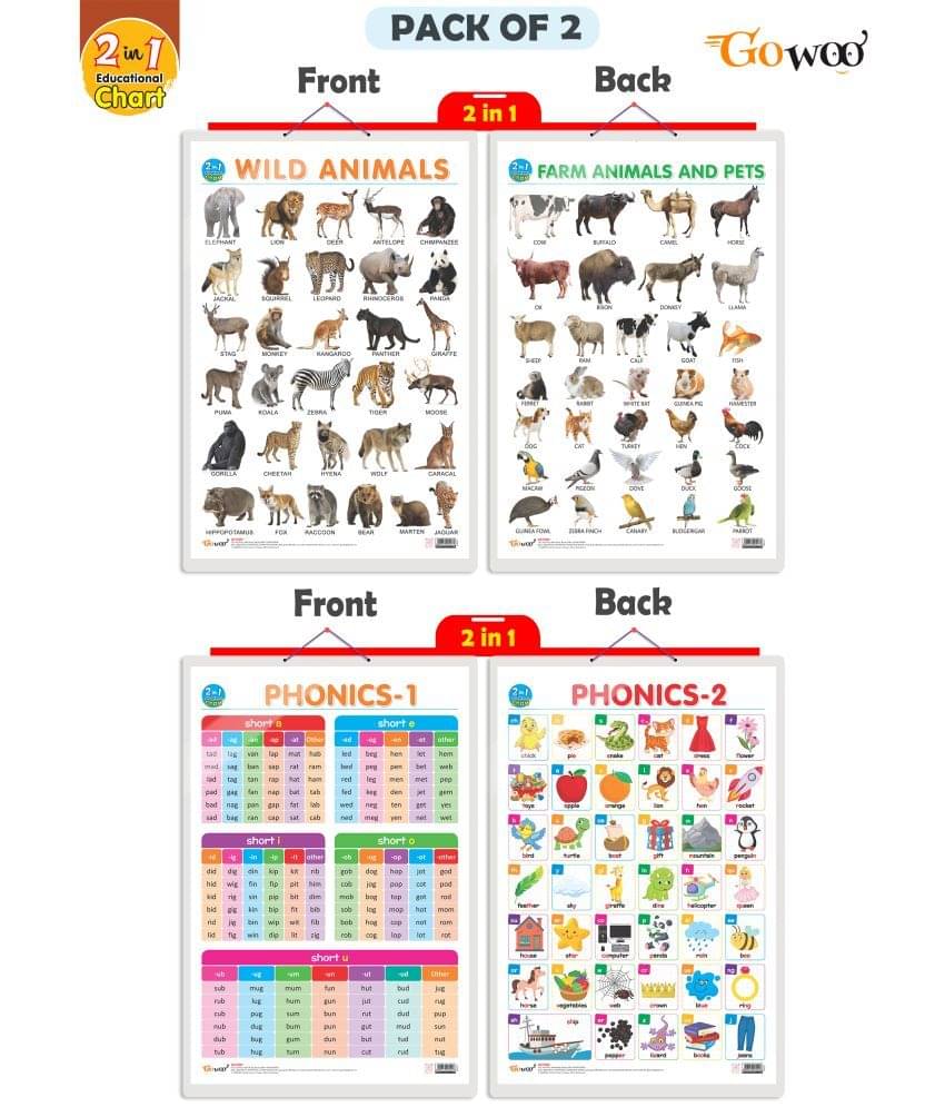 Set of 2 |2 IN 1 WILD AND FARM ANIMALS & PETS and 2 IN 1 PHONICS 1 AND PHONICS 2 Early Learning Educational Charts for Kids| 20"X30" inch |Non-Tearable and Waterproof| Double Sided Laminated | Perfect for Homeschooling, Kindergarten and Nursery Students Set of 2 |2 IN 1 WILD AND FARM ANIMALS & PETS and 2 IN 1 PHONICS 1 AND PHONICS 2 Early Learning Educational Charts for Kids| 20"X30" inch |Non-Tearable and Waterproof| Double Sided Laminated | Perfect for Homeschooling, Kindergarten and Nursery Students