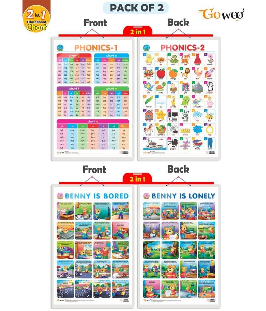 Set of 2 |2 IN 1 PHONICS 1 AND PHONICS 2 and 2 IN 1 BENNY IS BORED AND BENNY IS LONELY Early Learning Educational Charts for Kids | Set of 2 |2 IN 1 PHONICS 1 AND PHONICS 2 and 2 IN 1 BENNY IS BORED AND BENNY IS LONELY Early Learning Educational Charts for Kids |
