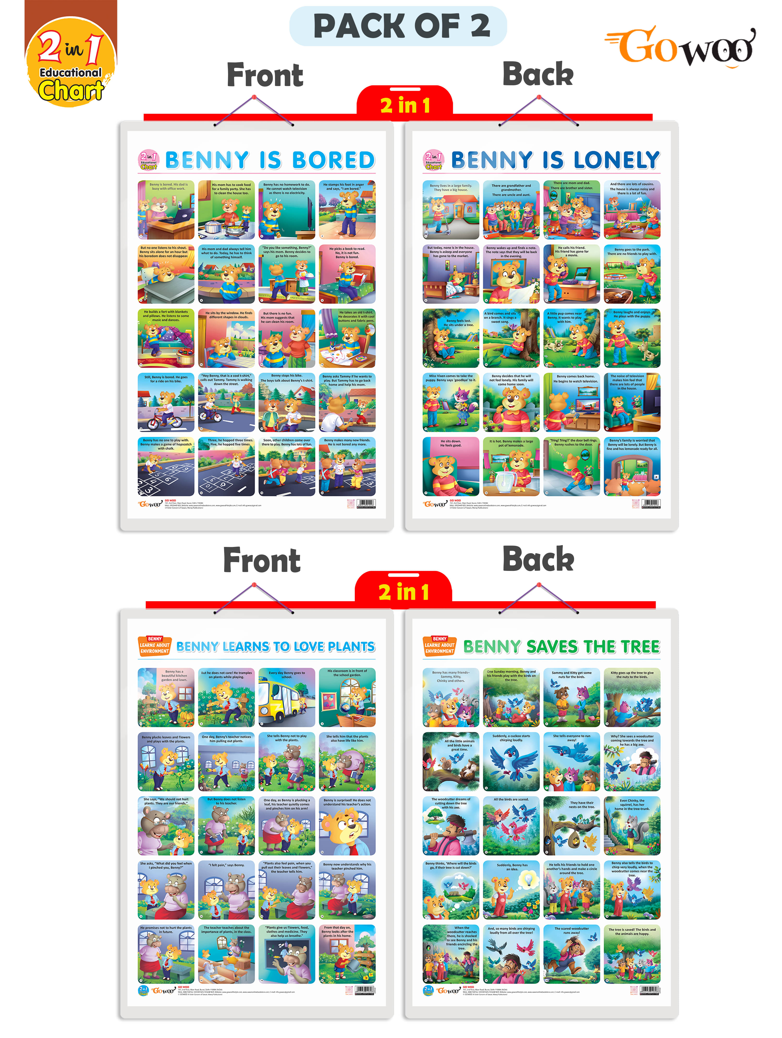     			Set of 2 | 2 IN 1 BENNY IS BORED AND BENNY IS LONELY and 2 IN 1 BENNY LEARNS TO LOVE PLANTS AND BENNY SAVES THE TREE Early Learning Educational Charts for Kids
