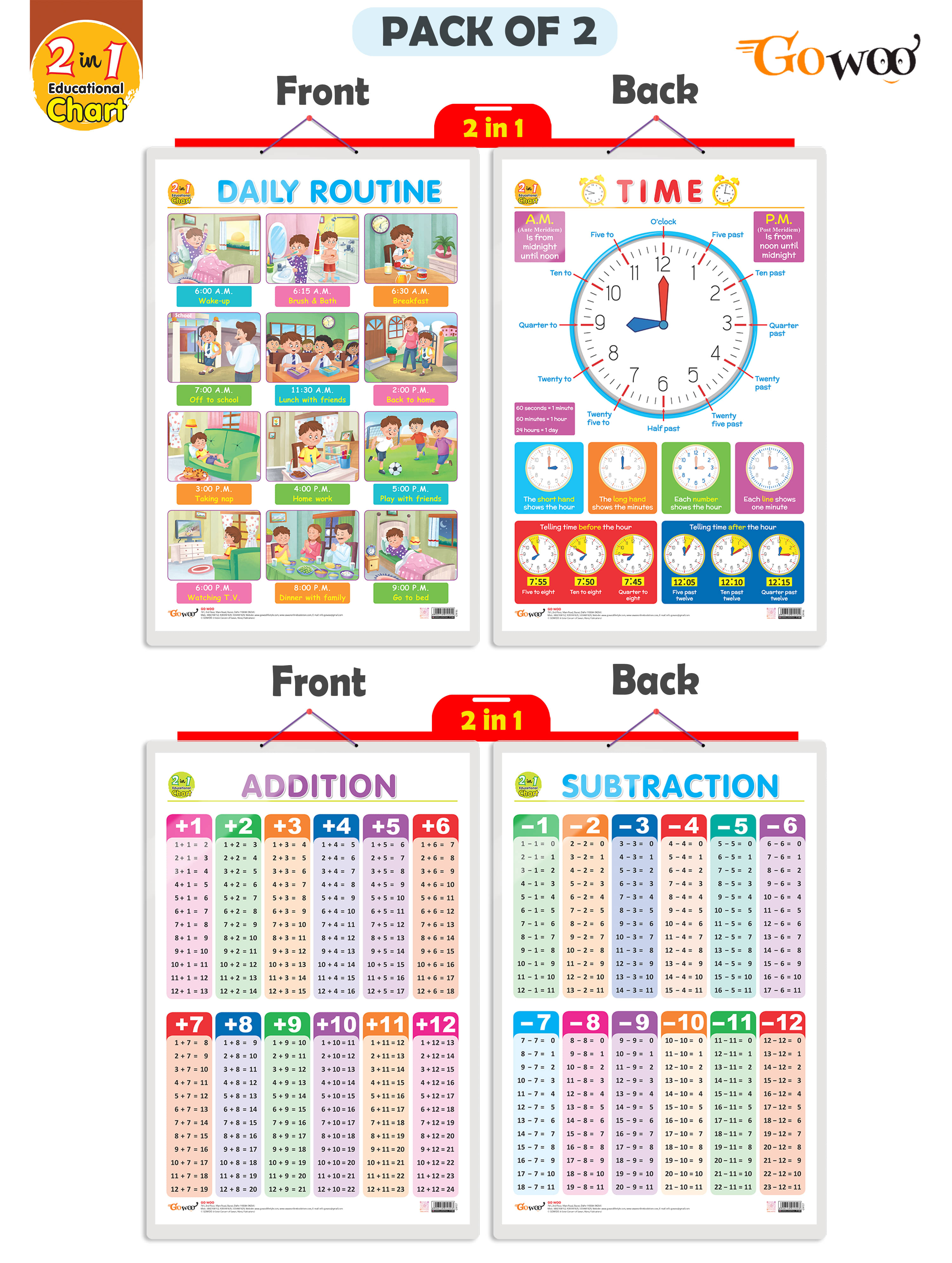     			Set of 2 | 2 IN 1 DAILY ROUTINE AND TIME and 2 IN 1 ADDITION AND SUBTRACTION Early Learning Educational Charts for Kids | 20"X30" inch |Non-Tearable and Waterproof | Double Sided Laminated | Perfect for Homeschooling, Kindergarten and Nursery Students