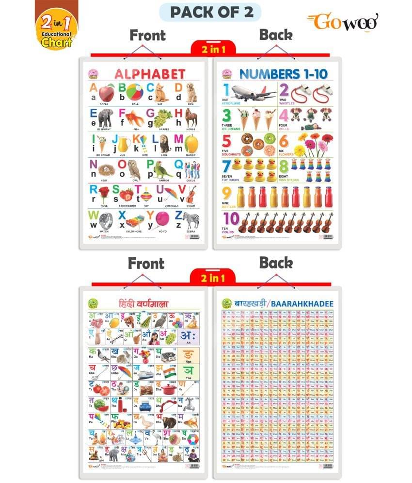 Set of 2 | 2 IN 1 ALPHABET AND NUMBER 1-10 and 2 IN 1 HINDI VARNMALA AND BAARAHKHADEE Early Learning Educational Charts for Kids Set of 2 | 2 IN 1 ALPHABET AND NUMBER 1-10 and 2 IN 1 HINDI VARNMALA AND BAARAHKHADEE Early Learning Educational Charts for Kids