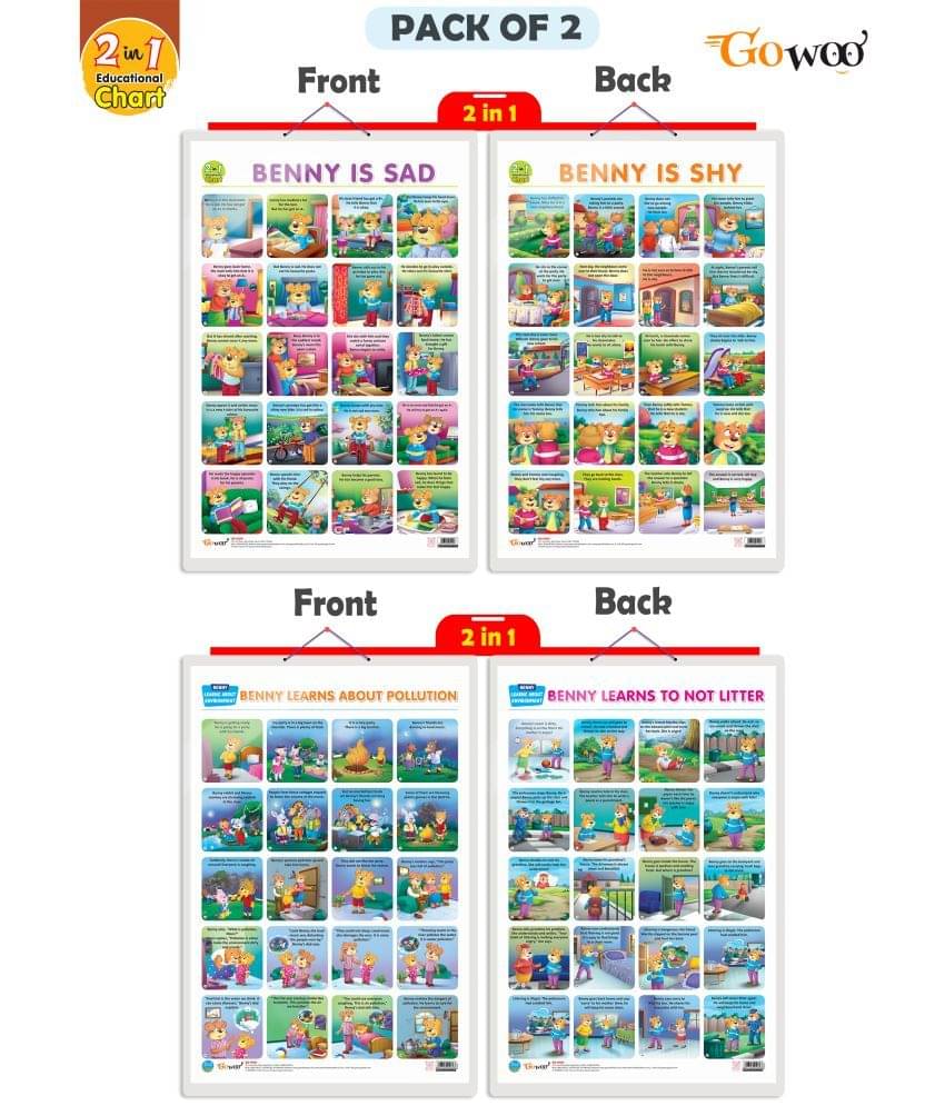 Set of 2 | 2 IN 1 BENNY IS SAD AND BENNY IS SHY and 2 IN 1 BENNY LEARNS ABOUT POLLUTION AND BENNY LEARNS NOT TO LITTER Early Learning Educational Charts for Kids Set of 2 | 2 IN 1 BENNY IS SAD AND BENNY IS SHY and 2 IN 1 BENNY LEARNS ABOUT POLLUTION AND BENNY LEARNS NOT TO LITTER Early Learning Educational Charts for Kids