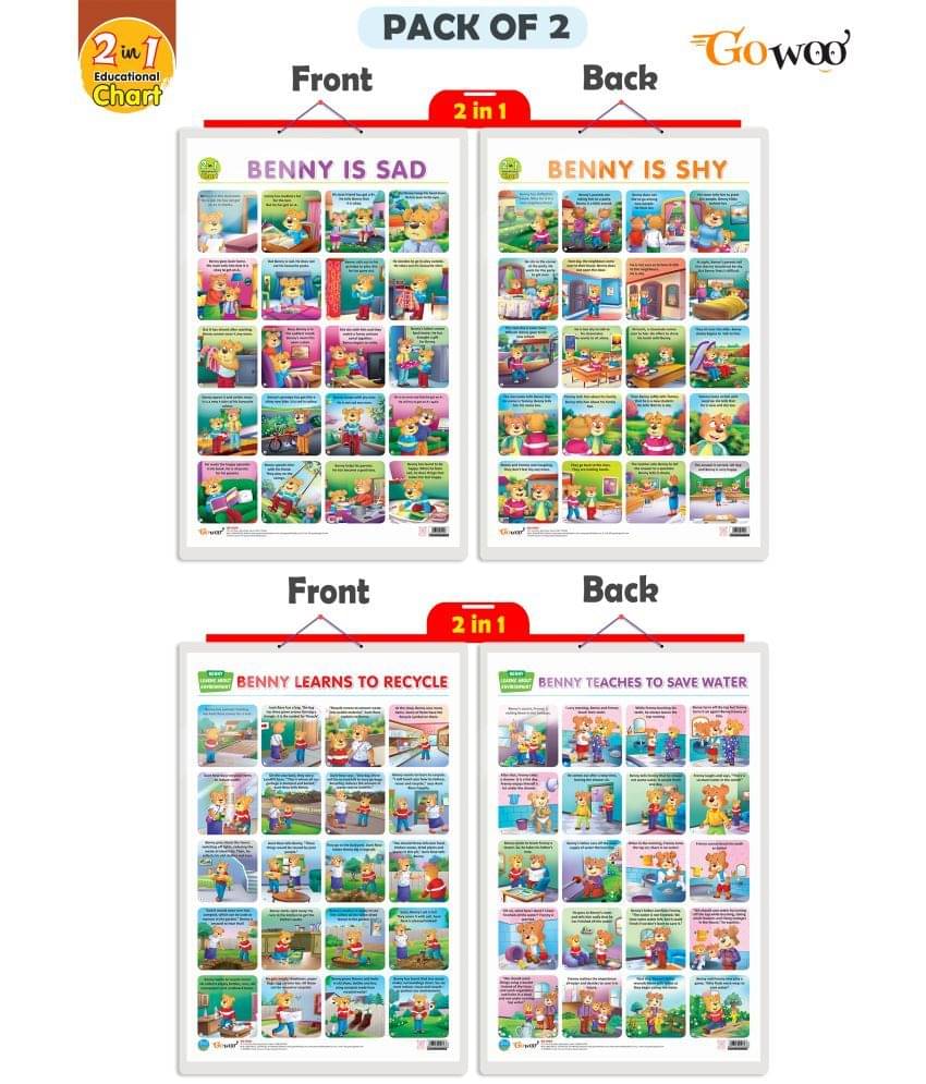 Set of 2 | 2 IN 1 BENNY IS SAD AND BENNY IS SHY and 2 IN 1 BENNY LEARNS TO RECYCLE AND BENNY TEACHES TO SAVE WATER Early Learning Educational Charts for Kids Set of 2 | 2 IN 1 BENNY IS SAD AND BENNY IS SHY and 2 IN 1 BENNY LEARNS TO RECYCLE AND BENNY TEACHES TO SAVE WATER Early Learning Educational Charts for Kids