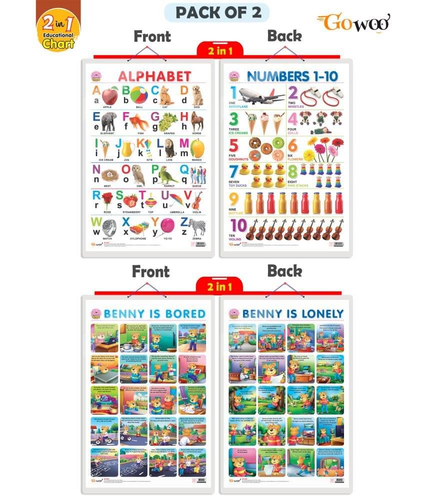 Set of 2 | 2 IN 1 ALPHABET AND NUMBER 1-10 and 2 IN 1 BENNY IS BORED AND BENNY IS LONELY Early Learning Educational Charts for Kids Set of 2 | 2 IN 1 ALPHABET AND NUMBER 1-10 and 2 IN 1 BENNY IS BORED AND BENNY IS LONELY Early Learning Educational Charts for Kids
