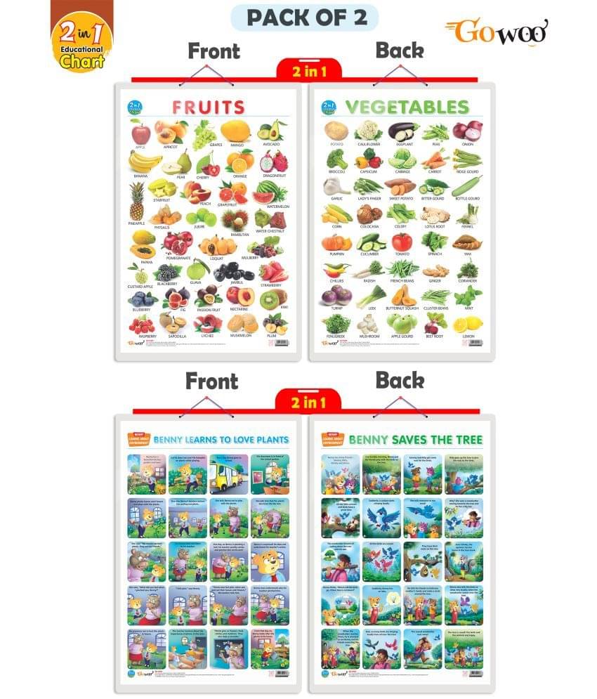 Set of 2 |2 IN 1 FRUITS AND VEGETABLES and 2 IN 1 BENNY LEARNS TO LOVE PLANTS AND BENNY SAVES THE TREE Early Learning Educational Charts for Kids Set of 2 |2 IN 1 FRUITS AND VEGETABLES and 2 IN 1 BENNY LEARNS TO LOVE PLANTS AND BENNY SAVES THE TREE Early Learning Educational Charts for Kids