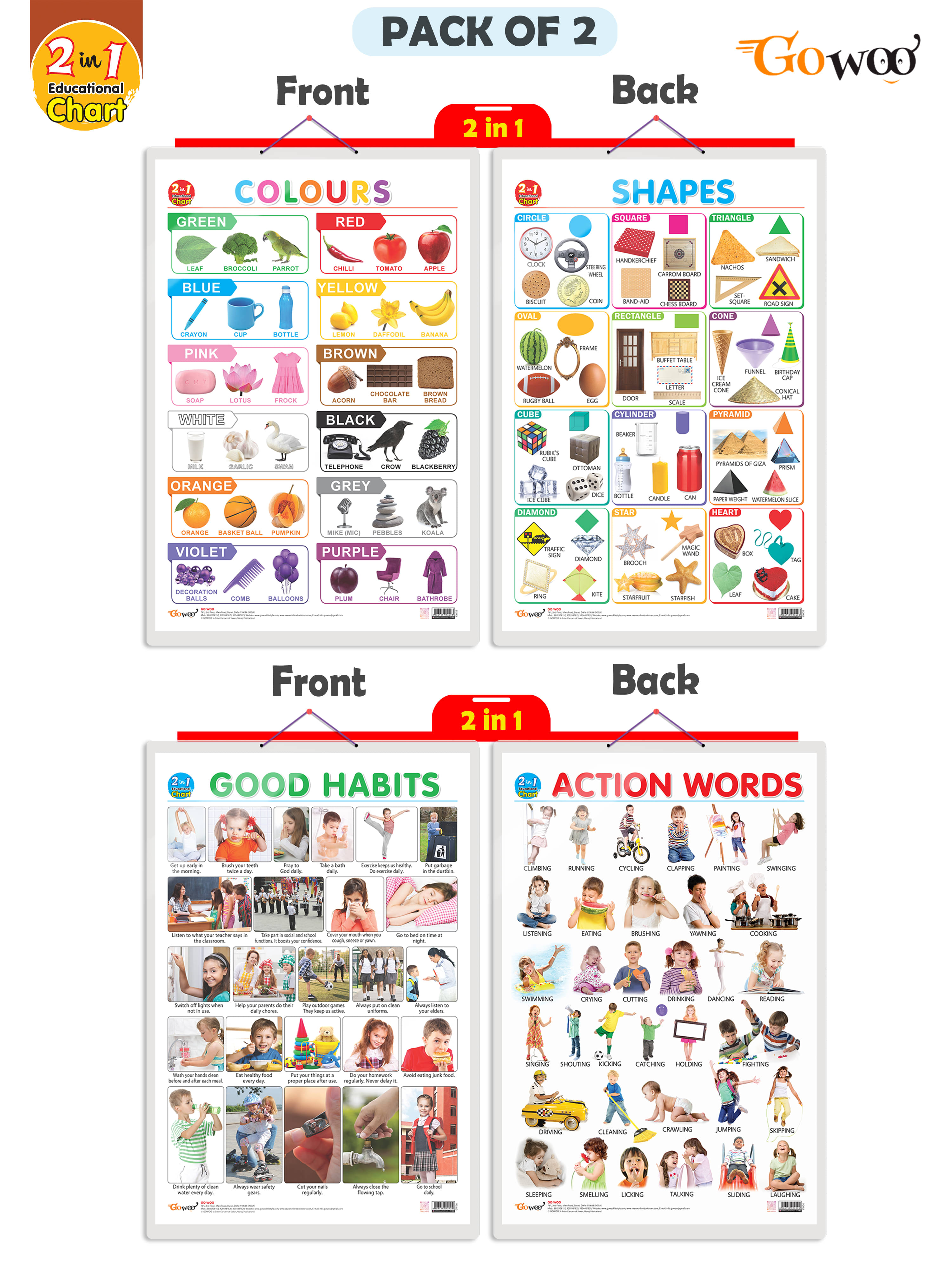 Set of 2 | 2 IN 1 COLOURS AND SHAPES and 2 IN 1 GOOD HABITS AND ACTION WORDS Early Learning Educational Charts for Kids | 20"X30" inch |Non-Tearable and Waterproof | Double Sided Laminated | Perfect for Homeschooling, Kindergarten and Nursery Students Set of 2 | 2 IN 1 COLOURS AND SHAPES and 2 IN 1 GOOD HABITS AND ACTION WORDS Early Learning Educational Charts for Kids | 20"X30" inch |Non-Tearable and Waterproof | Double Sided Laminated | Perfect for Homeschooling, Kindergarten and Nursery Students
