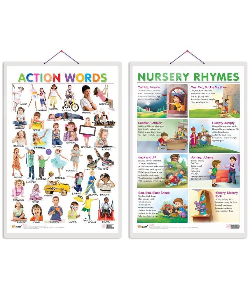 Set of 2 Action Words and NURSERY RHYMES Early Learning Educational Charts for Kids | 20"X30" inch |Non-Tearable and Waterproof | Double Sided Laminated | Perfect for Homeschooling, Kindergarten and Nursery Students Set of 2 Action Words and NURSERY RHYMES Early Learning Educational Charts for Kids | 20"X30" inch |Non-Tearable and Waterproof | Double Sided Laminated | Perfect for Homeschooling, Kindergarten and Nursery Students