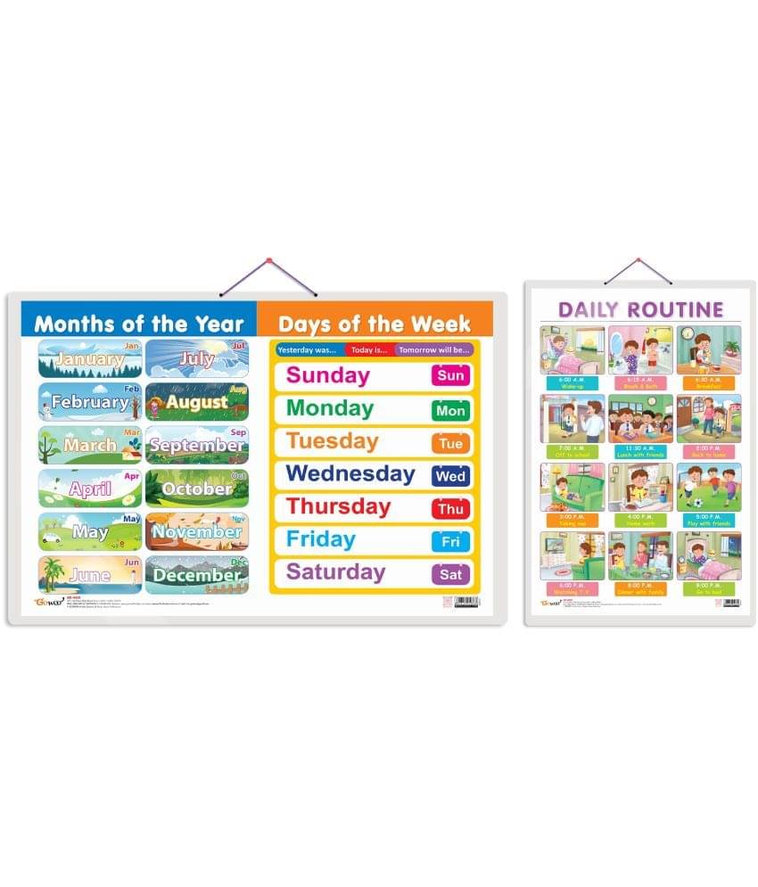 Set of 2 MONTHS OF THE YEAR AND DAYS OF THE WEEK and DAILY ROUTINE Early Learning Educational Charts for Kids | 20"X30" inch |Non-Tearable and Waterproof | Double Sided Laminated | Perfect for Homeschooling, Kindergarten and Nursery Students Set of 2 MONTHS OF THE YEAR AND DAYS OF THE WEEK and DAILY ROUTINE Early Learning Educational Charts for Kids | 20"X30" inch |Non-Tearable and Waterproof | Double Sided Laminated | Perfect for Homeschooling, Kindergarten and Nursery Students